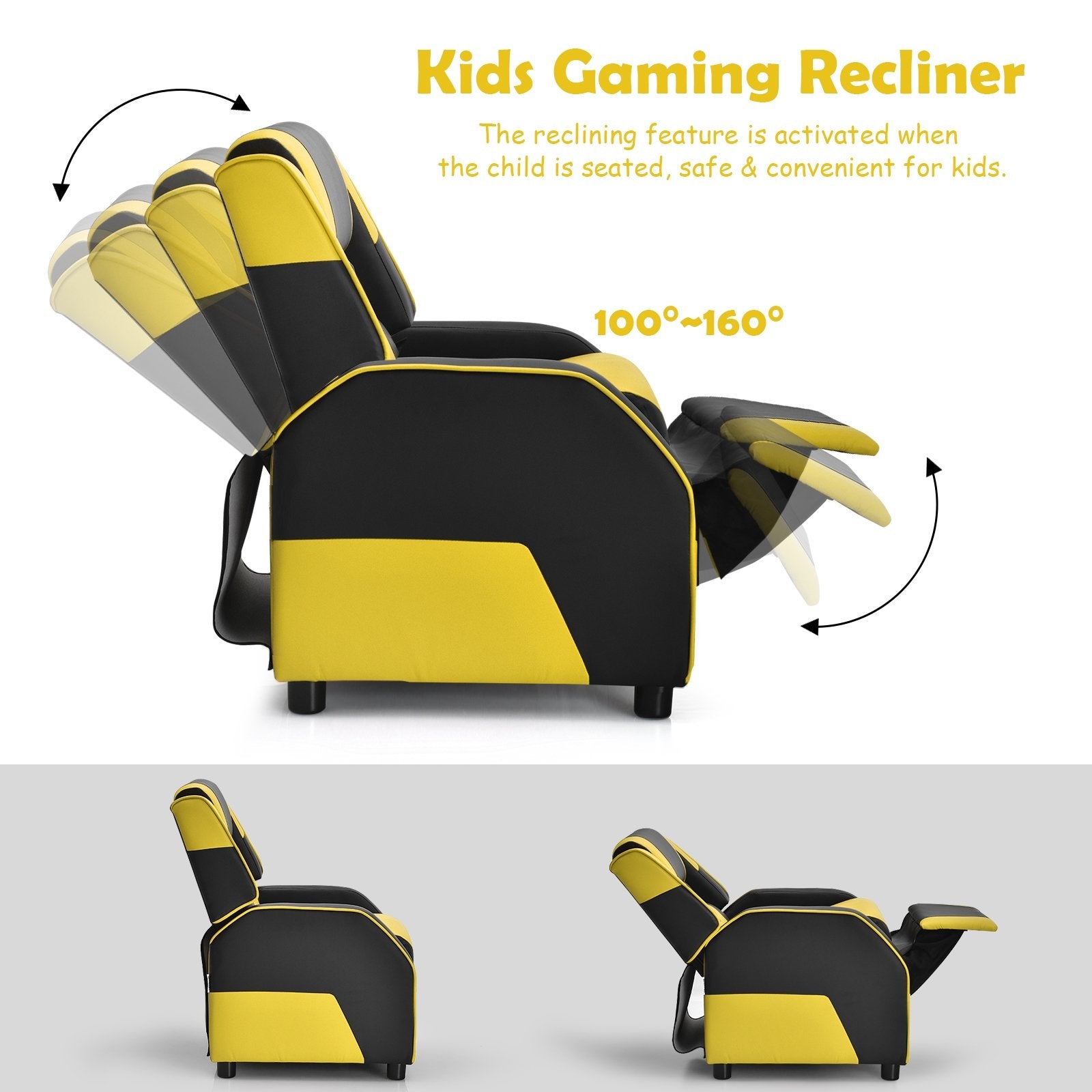 Kids Youth PU Leather Gaming Sofa Recliner with Headrest and Footrest, Yellow Kids Chairs & Seating   at Gallery Canada