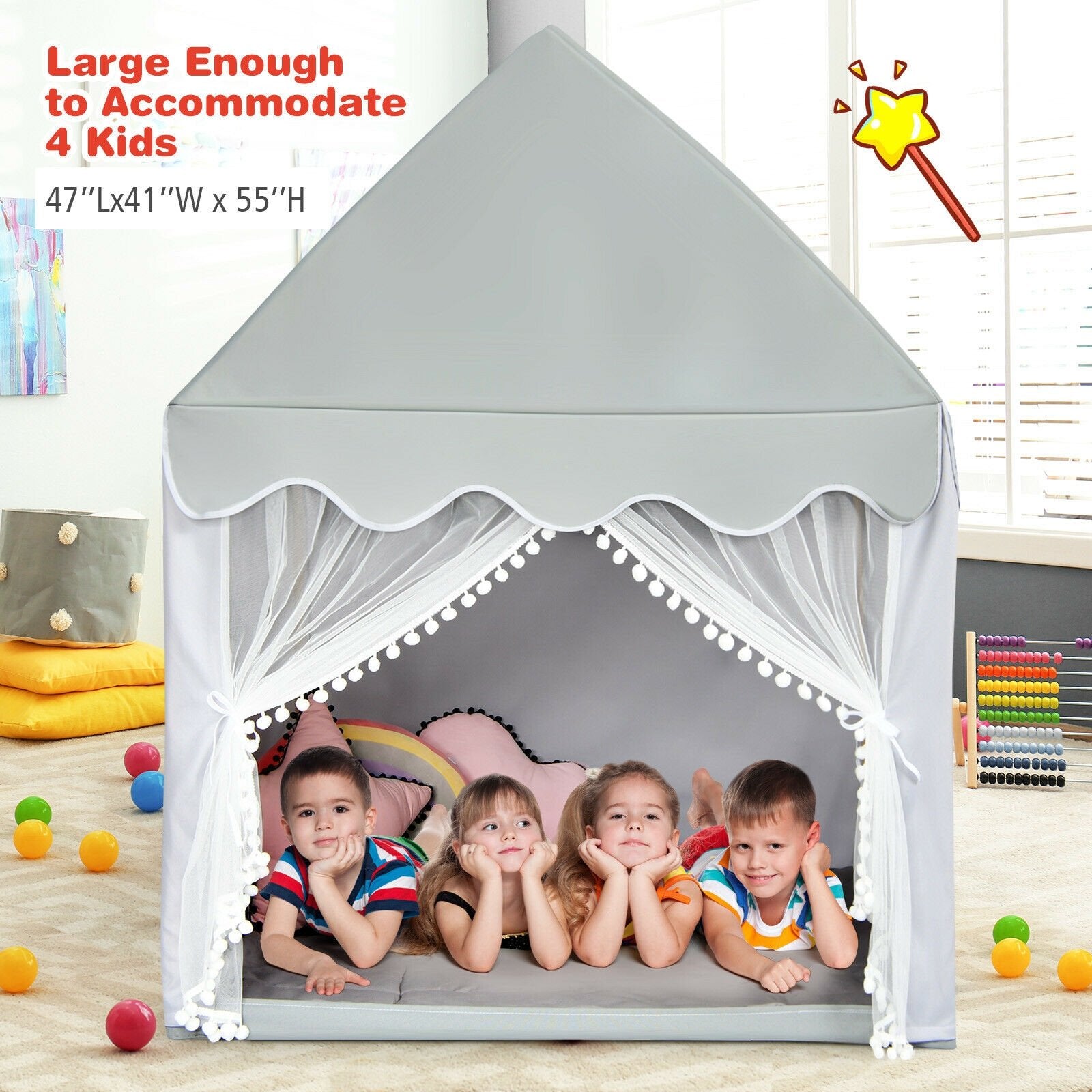 Kids Large Play Castle Fairy Tent with Mat, Gray - Gallery Canada