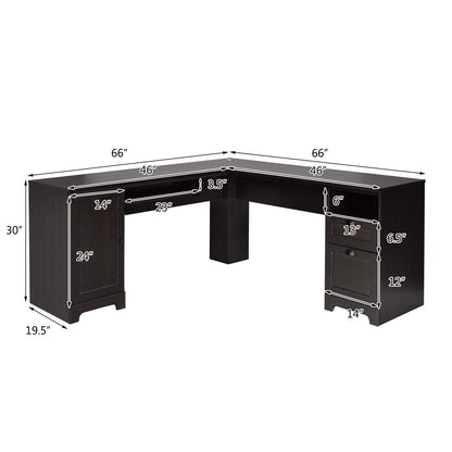 66 Inch L-Shaped Writing Study Workstation Computer Desk with Drawers, Dark Brown L-Shaped Desks   at Gallery Canada