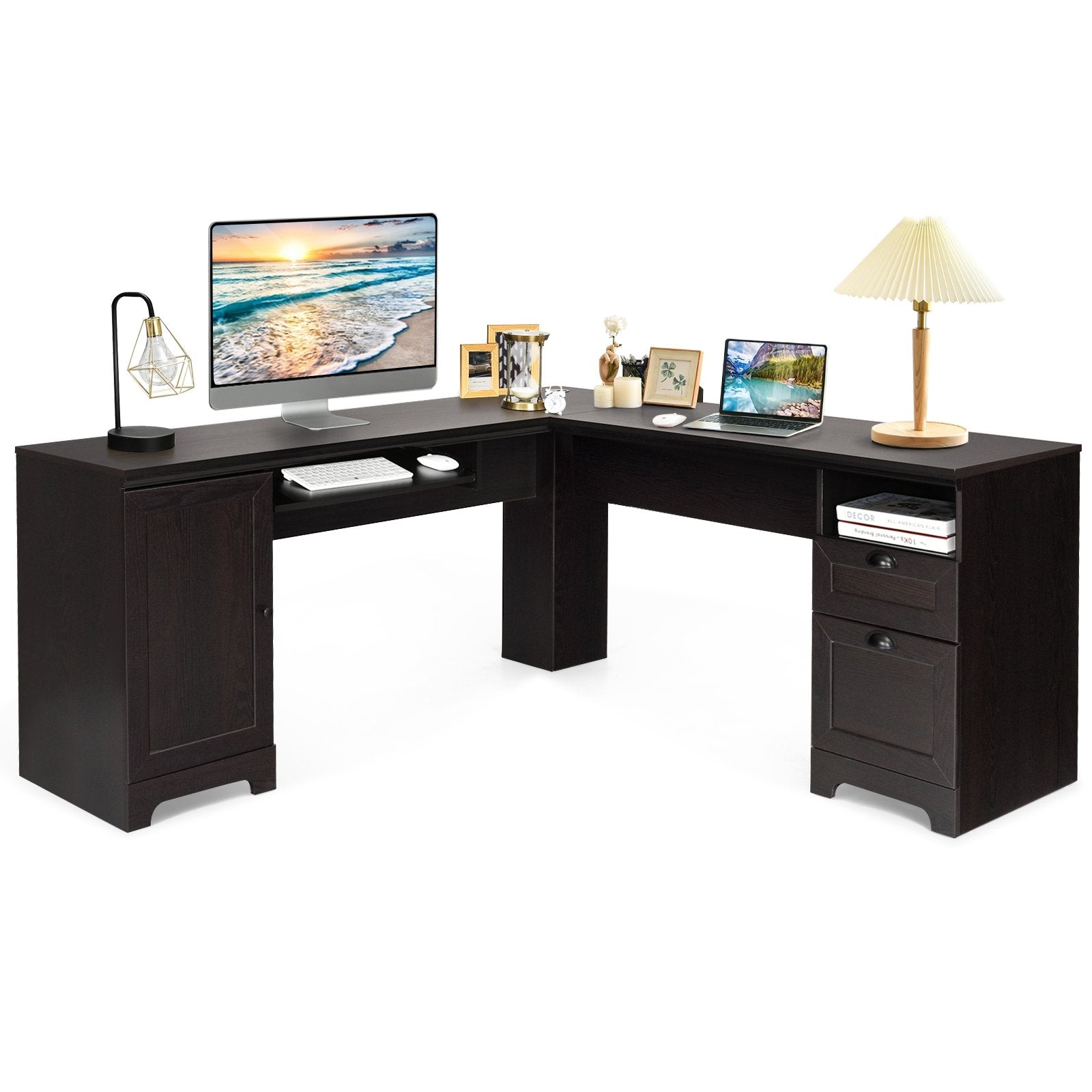 66 Inch L-Shaped Writing Study Workstation Computer Desk with Drawers, Dark Brown L-Shaped Desks   at Gallery Canada