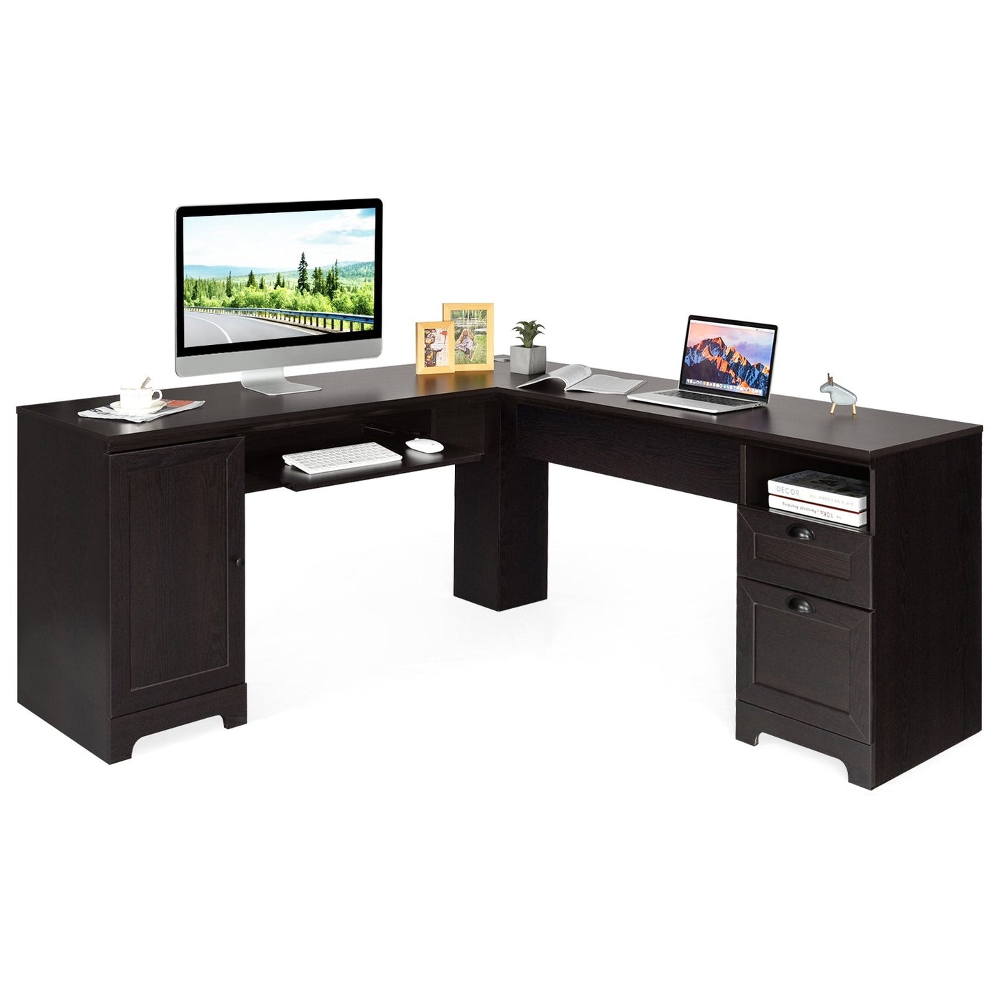 66 Inch L-Shaped Writing Study Workstation Computer Desk with Drawers, Dark Brown L-Shaped Desks   at Gallery Canada