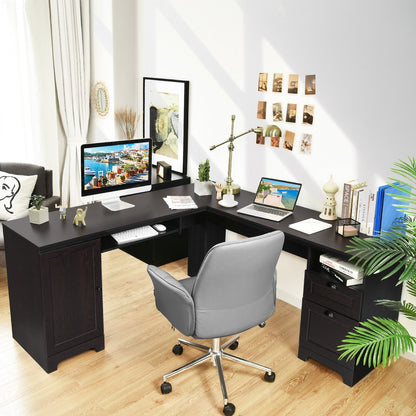 66 Inch L-Shaped Writing Study Workstation Computer Desk with Drawers, Dark Brown L-Shaped Desks   at Gallery Canada