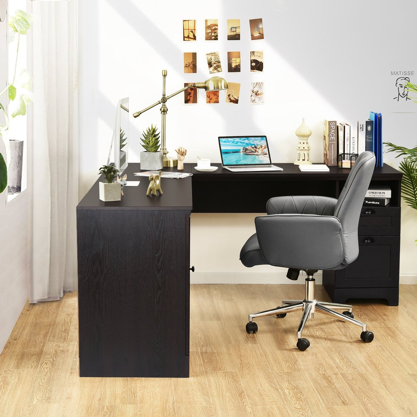 66 Inch L-Shaped Writing Study Workstation Computer Desk with Drawers, Dark Brown L-Shaped Desks   at Gallery Canada