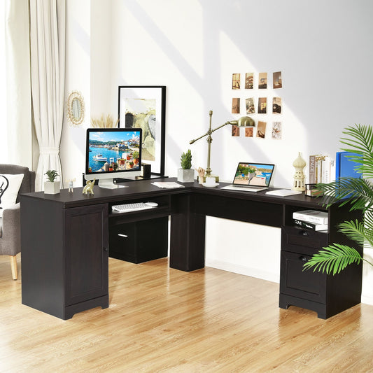 66 Inch L-Shaped Writing Study Workstation Computer Desk with Drawers, Dark Brown L-Shaped Desks   at Gallery Canada