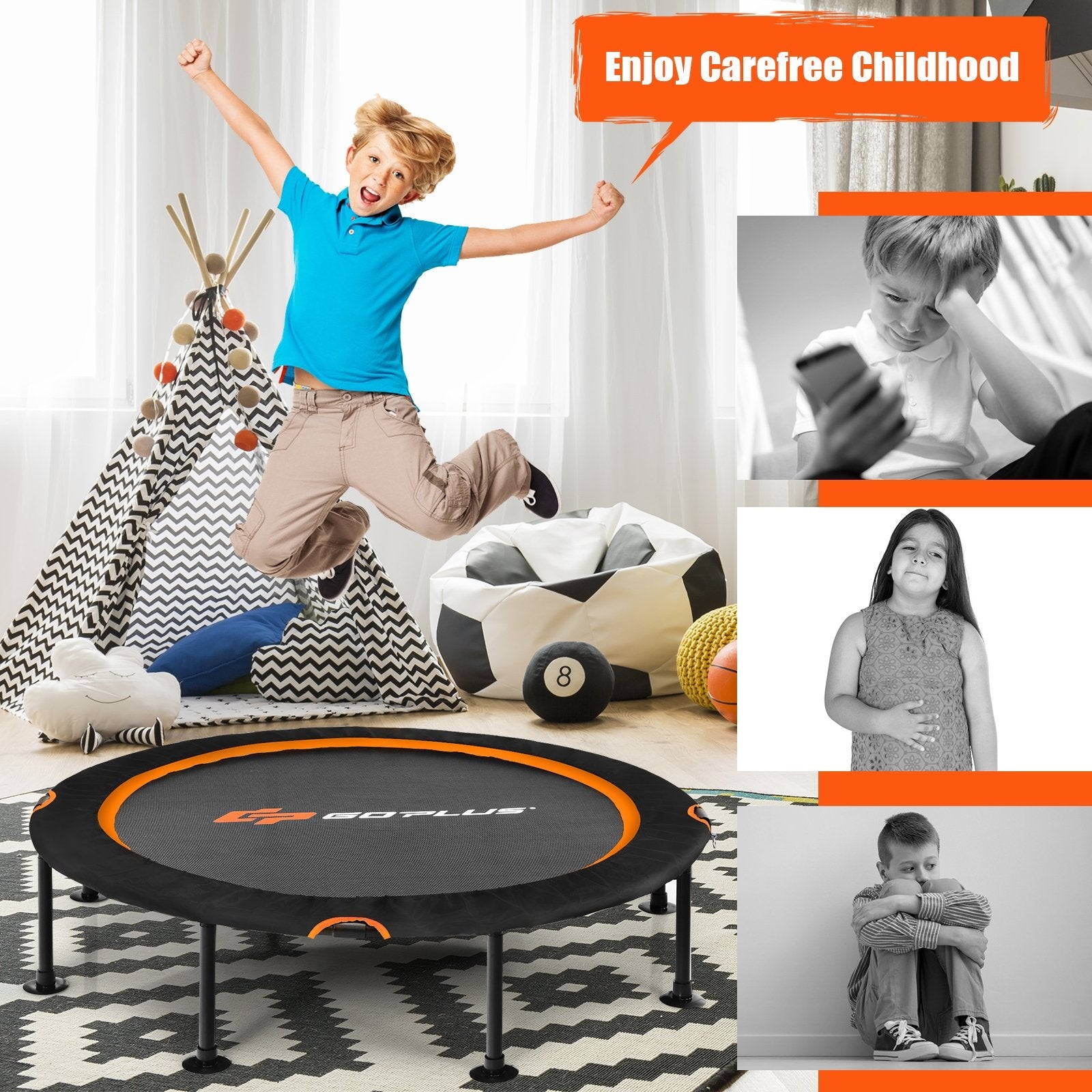47 Inch Folding Trampoline Fitness Exercise Rebound with Safety Pad Kids and Adults, Orange - Gallery Canada