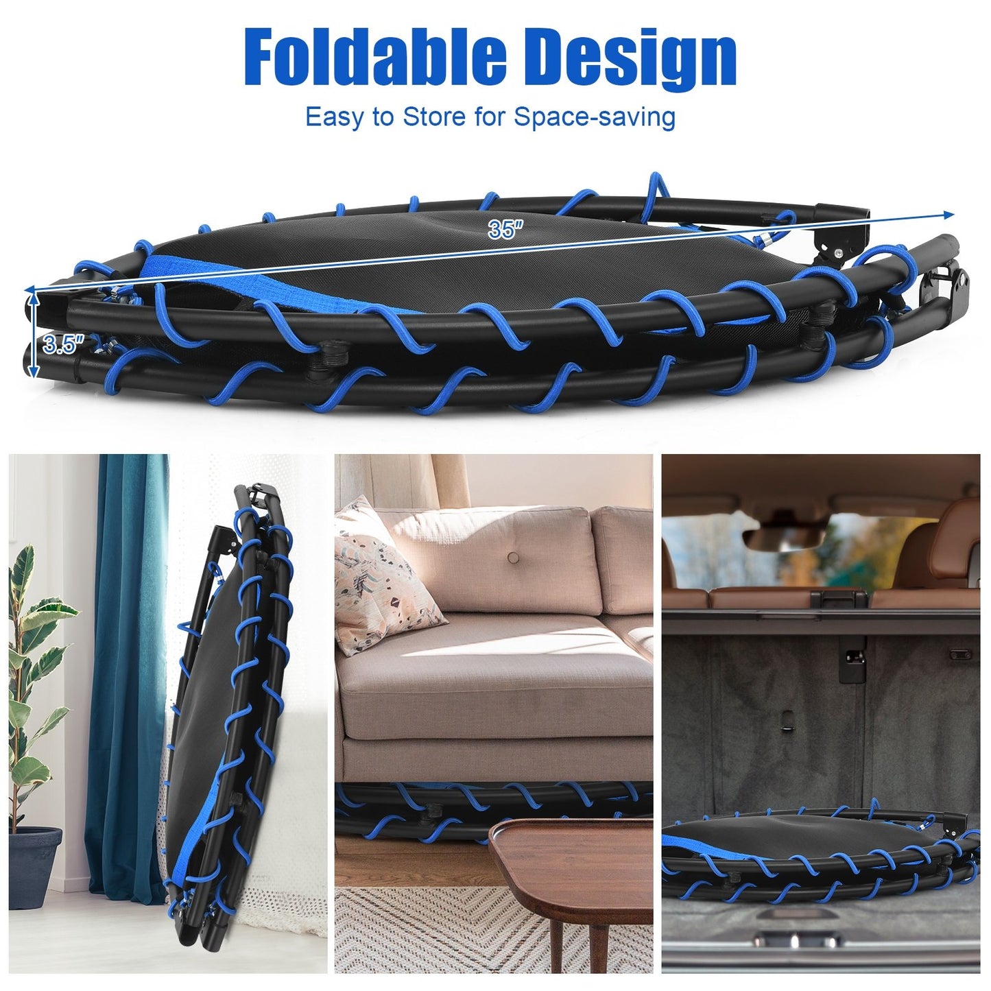 47 Inch Folding Trampoline Fitness Exercise Rebound with Safety Pad Kids and Adults, Blue - Gallery Canada
