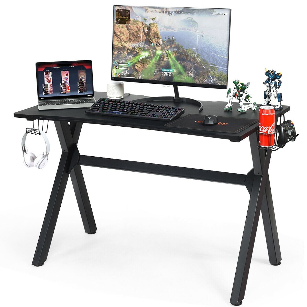 Ergonomic Gaming Desk with Mousepad and Cup Headphone Holder, Black Gaming Desks   at Gallery Canada