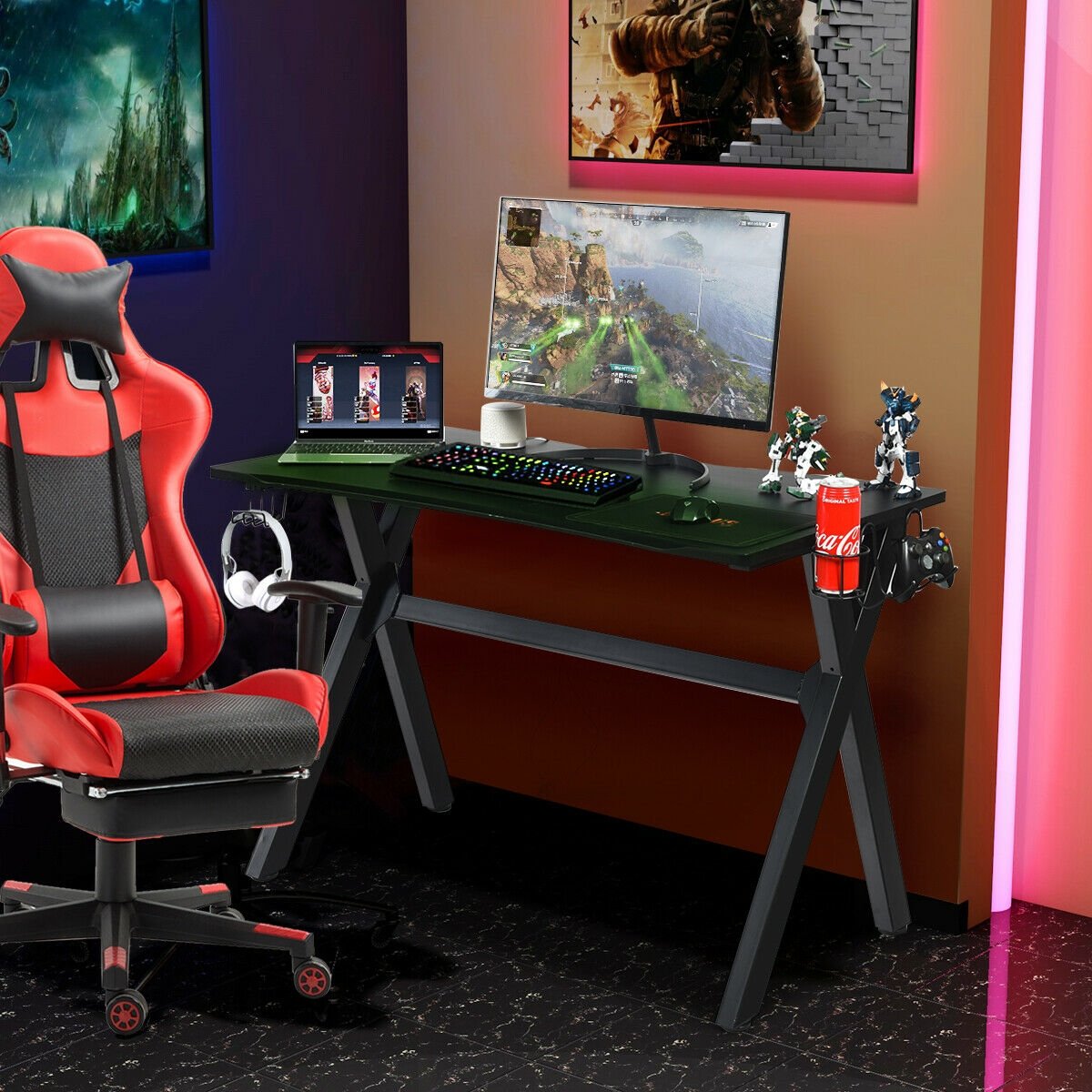 Ergonomic Gaming Desk with Mousepad and Cup Headphone Holder, Black Gaming Desks   at Gallery Canada