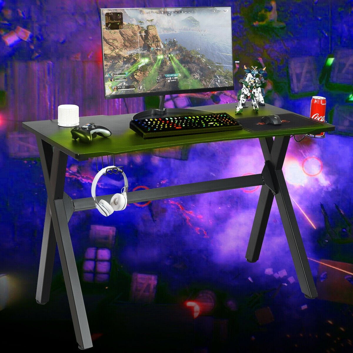 Ergonomic Gaming Desk with Mousepad and Cup Headphone Holder, Black Gaming Desks   at Gallery Canada