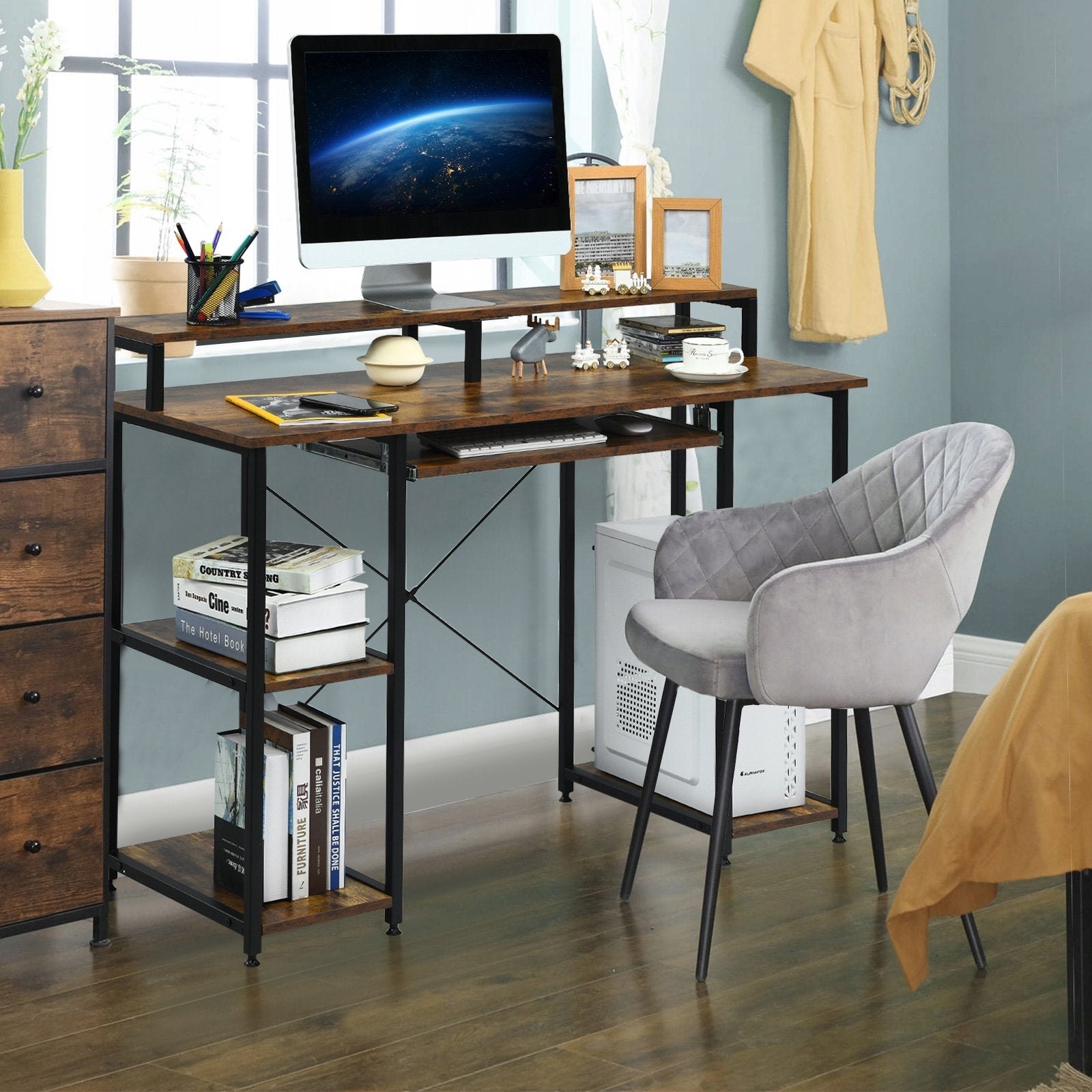 47 Inches Computer Desk Writing Study Table with Keyboard Tray and Monitor Stand, Brown Computer Desks   at Gallery Canada