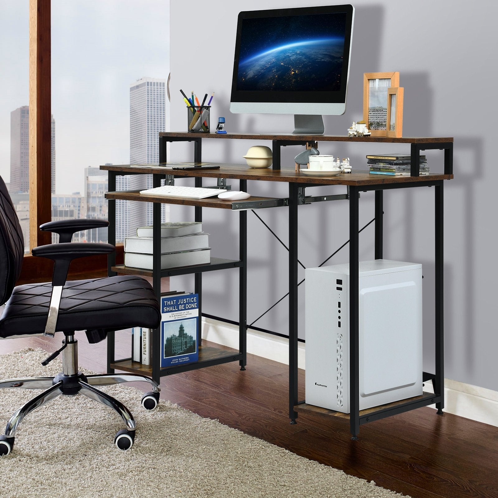 47 Inches Computer Desk Writing Study Table with Keyboard Tray and Monitor Stand, Brown Computer Desks   at Gallery Canada