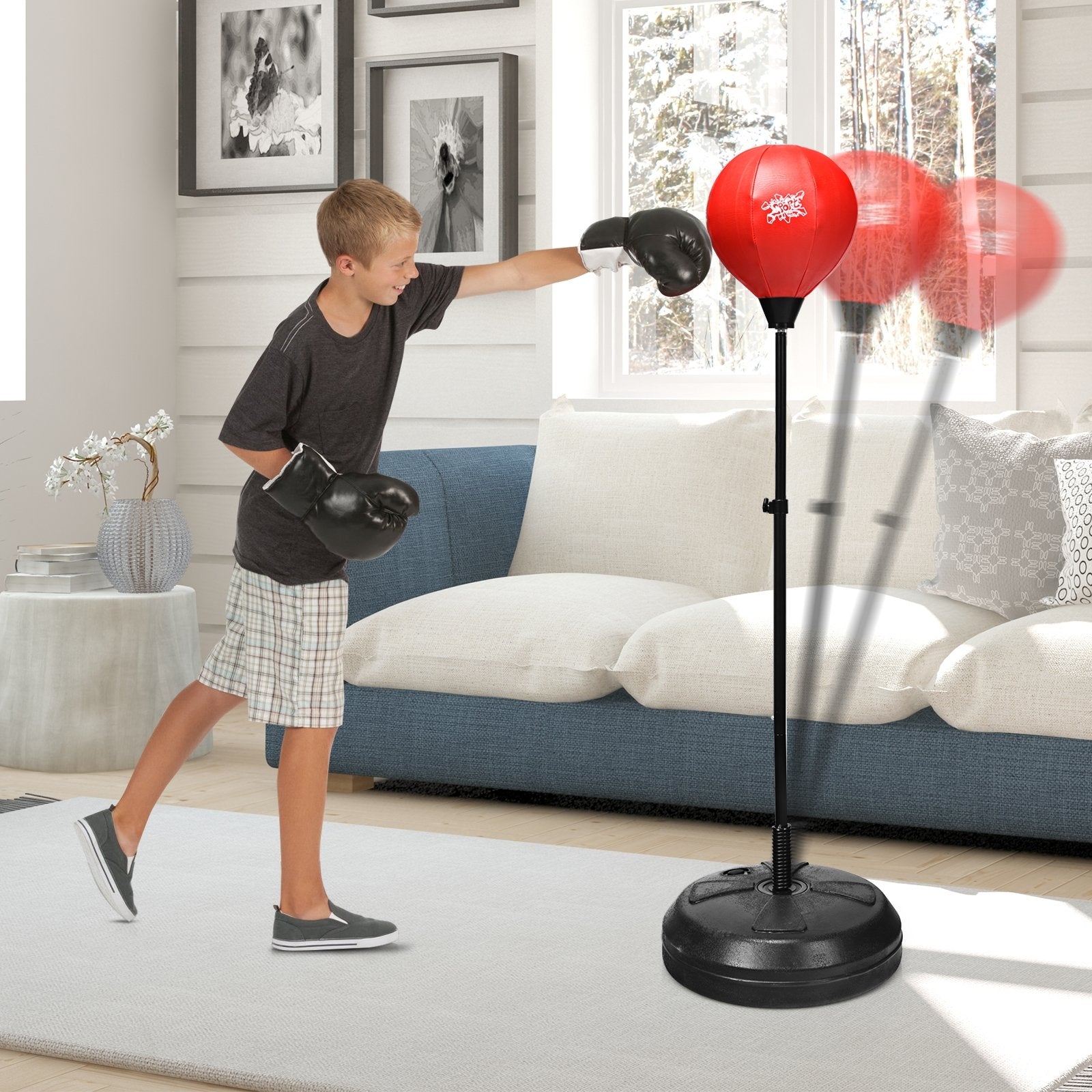 Adjustable Height Punching Bag with Stand Plus Boxing Gloves for Both Adults and Kids, Black & Red Boxing & Martial Arts   at Gallery Canada