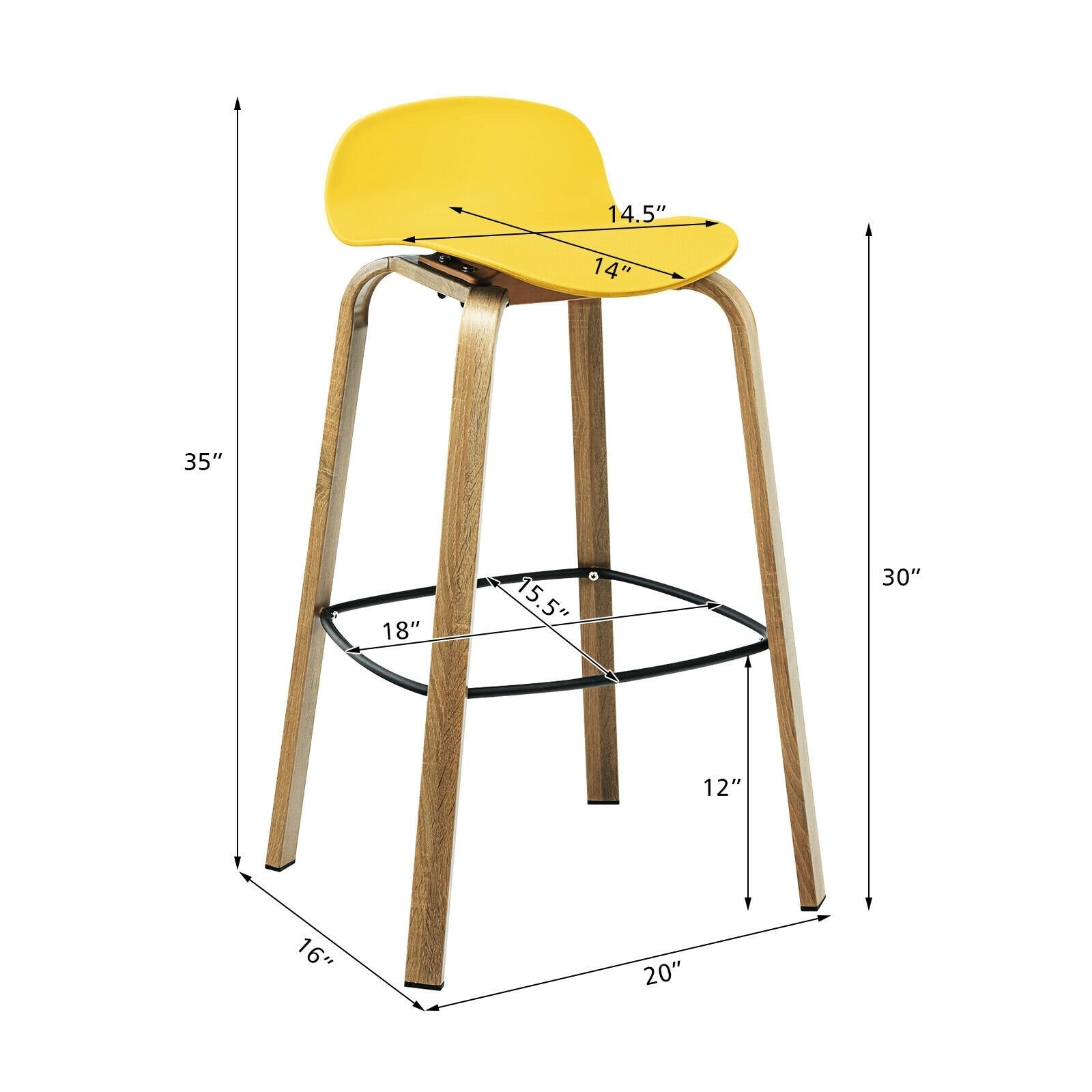 Set of 2 Modern Barstools Pub Chairs with Low Back and Metal Legs, Yellow Bar Stools   at Gallery Canada