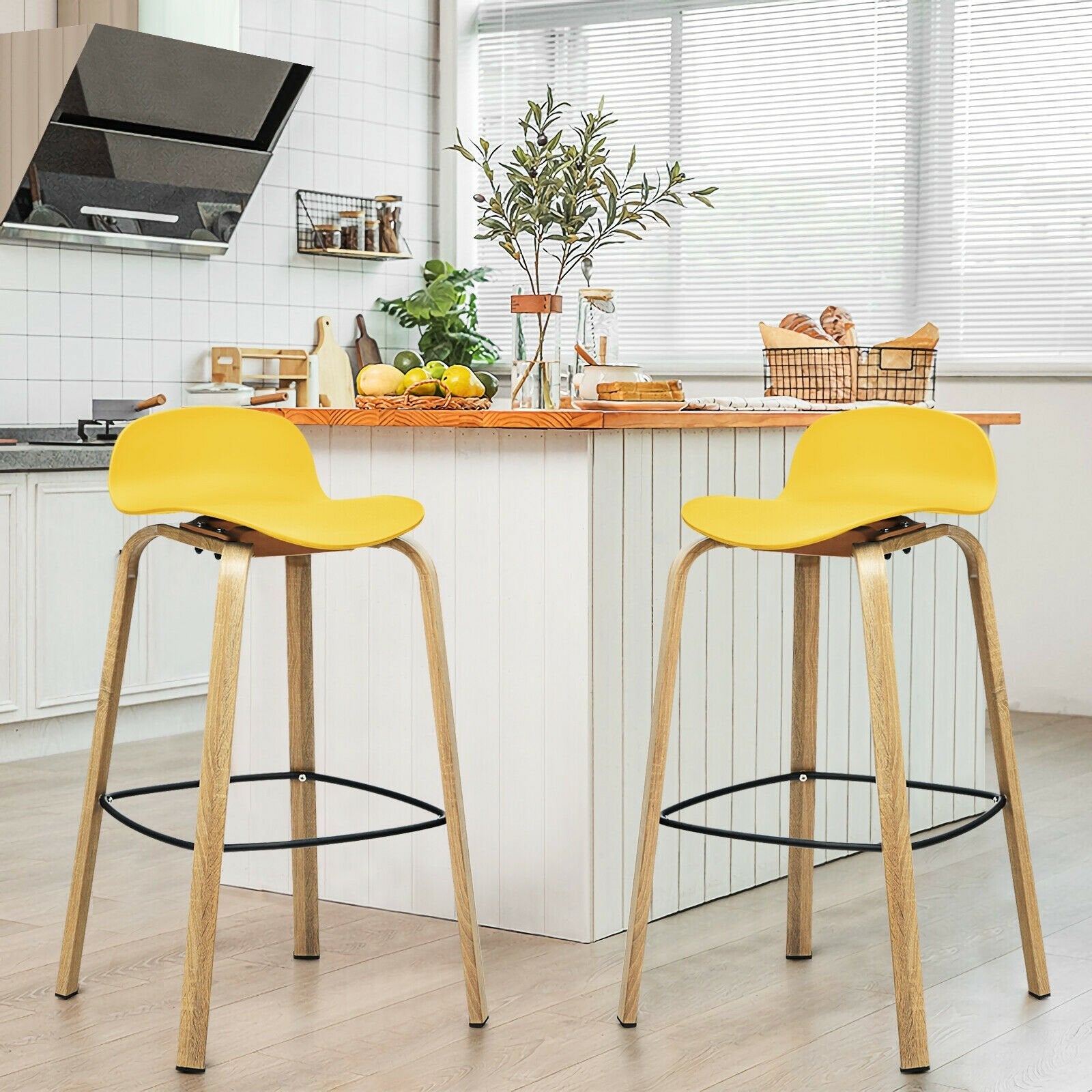 Set of 2 Modern Barstools Pub Chairs with Low Back and Metal Legs, Yellow Bar Stools   at Gallery Canada