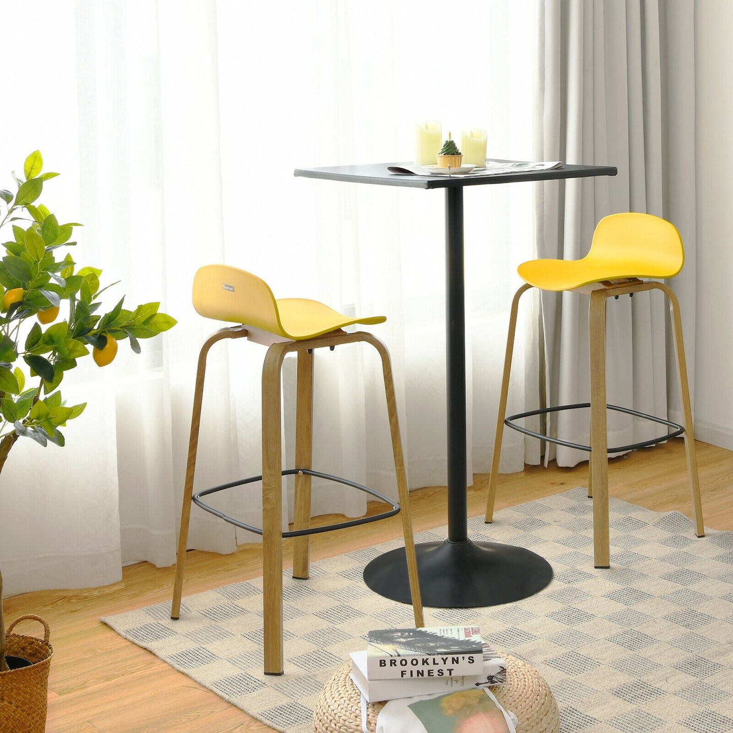 Set of 2 Modern Barstools Pub Chairs with Low Back and Metal Legs, Yellow Bar Stools   at Gallery Canada