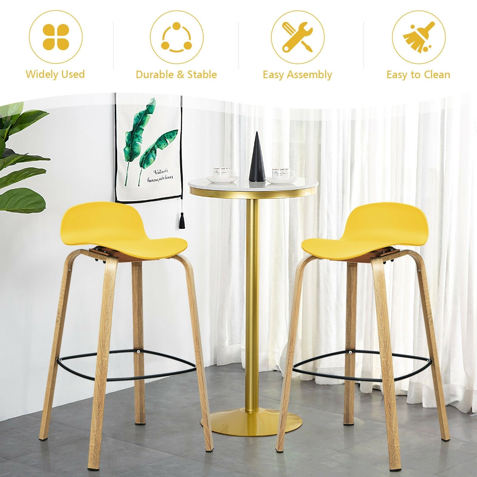 Set of 2 Modern Barstools Pub Chairs with Low Back and Metal Legs, Yellow Bar Stools   at Gallery Canada