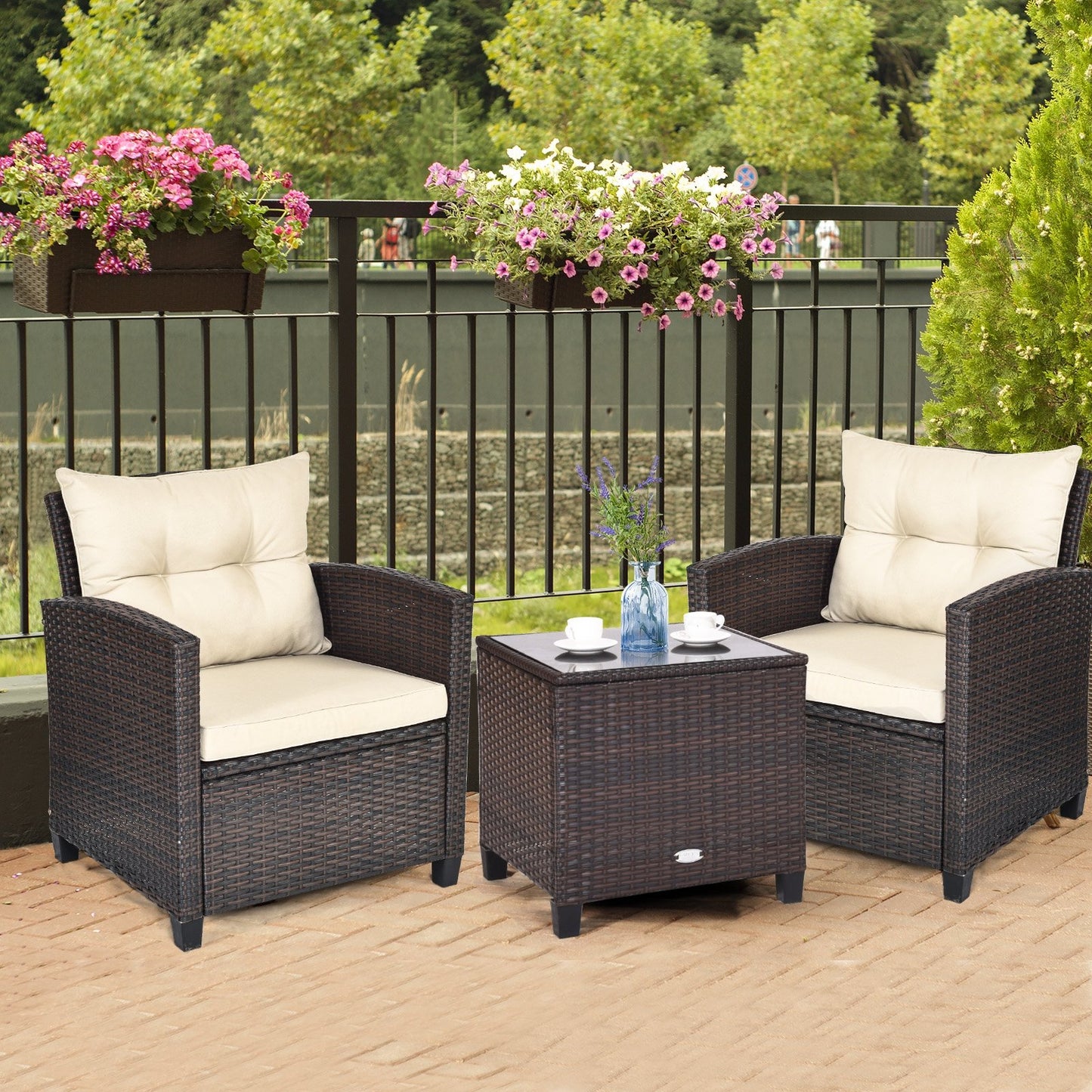 3 Pieces Patio Rattan Furniture Set with 4 Removable Cushions, Beige Patio Conversation Sets   at Gallery Canada