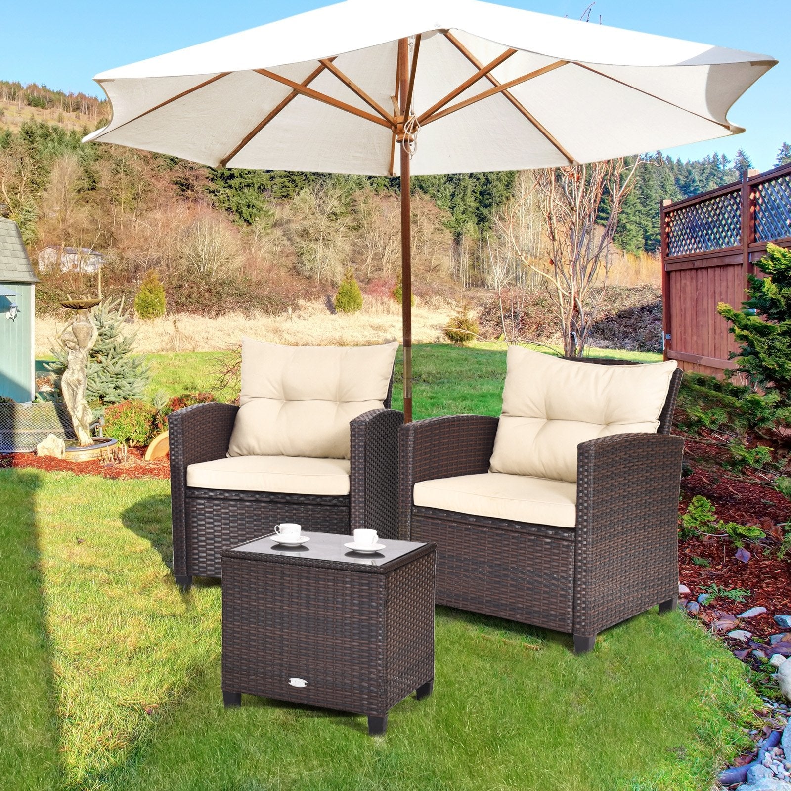 3 Pieces Patio Rattan Furniture Set with 4 Removable Cushions, Beige Patio Conversation Sets   at Gallery Canada