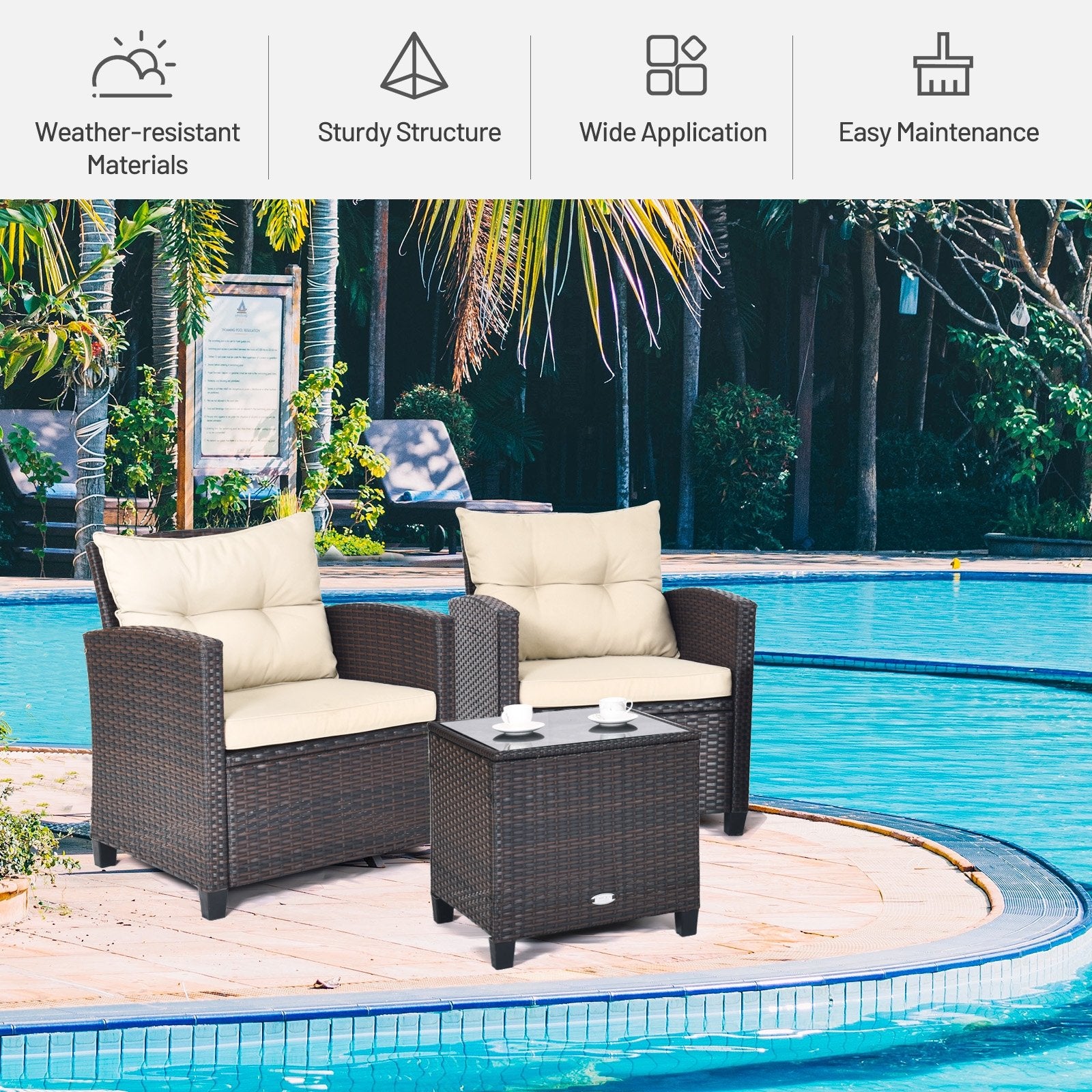 3 Pieces Patio Rattan Furniture Set with 4 Removable Cushions, Beige Patio Conversation Sets   at Gallery Canada