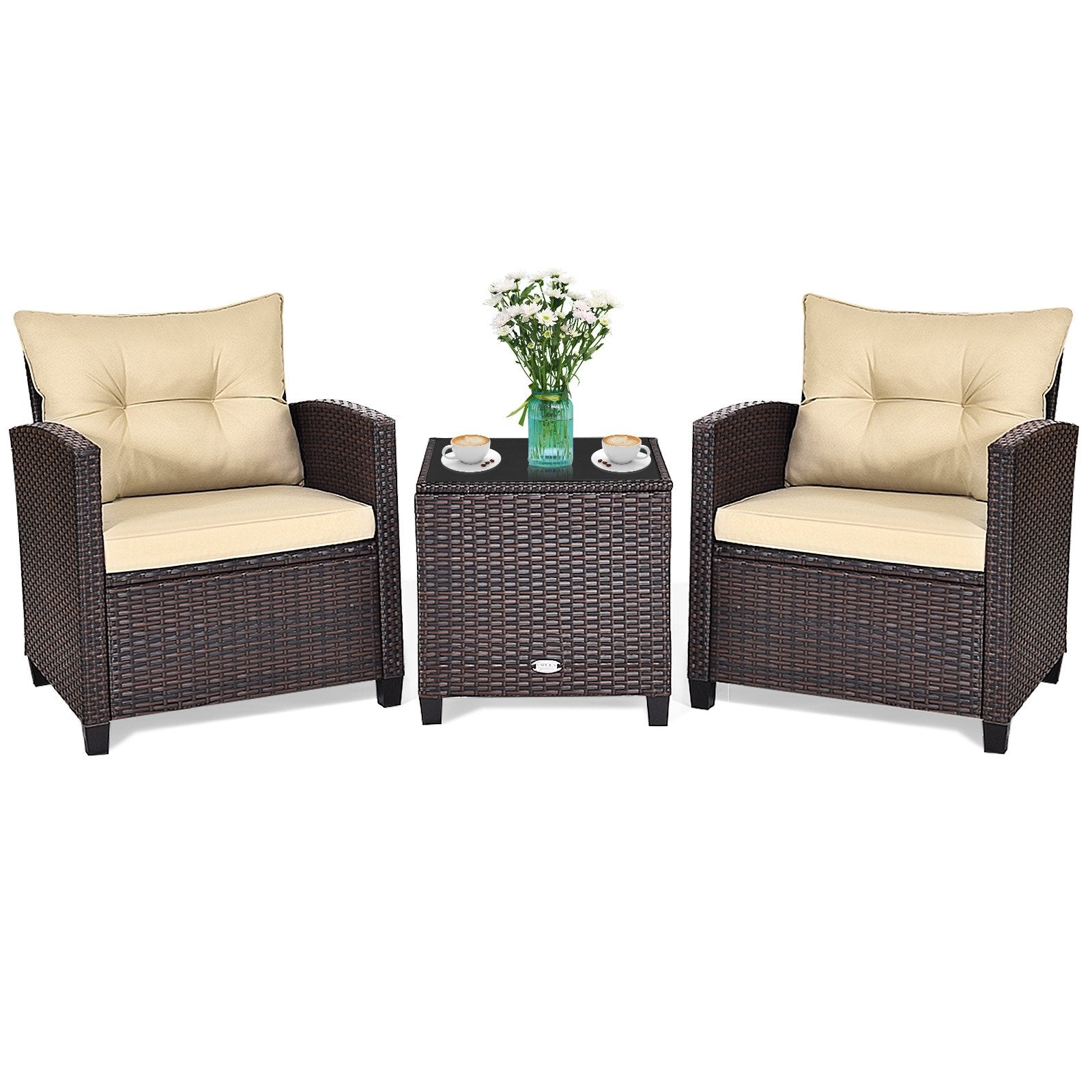 3 Pieces Patio Rattan Furniture Set with 4 Removable Cushions, Beige Patio Conversation Sets   at Gallery Canada