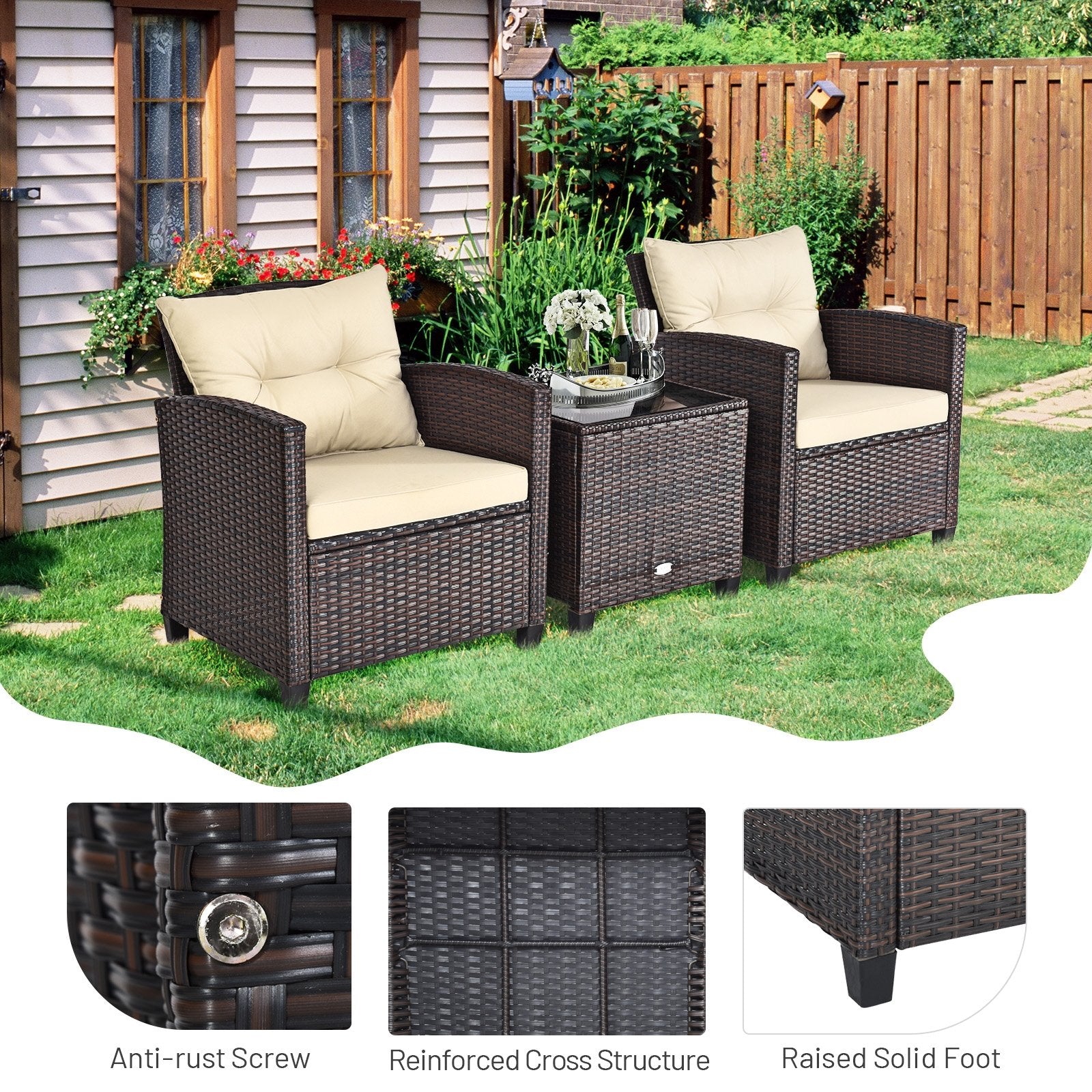 3 Pieces Patio Rattan Furniture Set with 4 Removable Cushions, Beige Patio Conversation Sets   at Gallery Canada