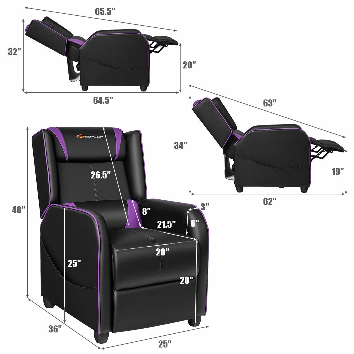 Home Massage Gaming Recliner Chair, Purple - Gallery Canada