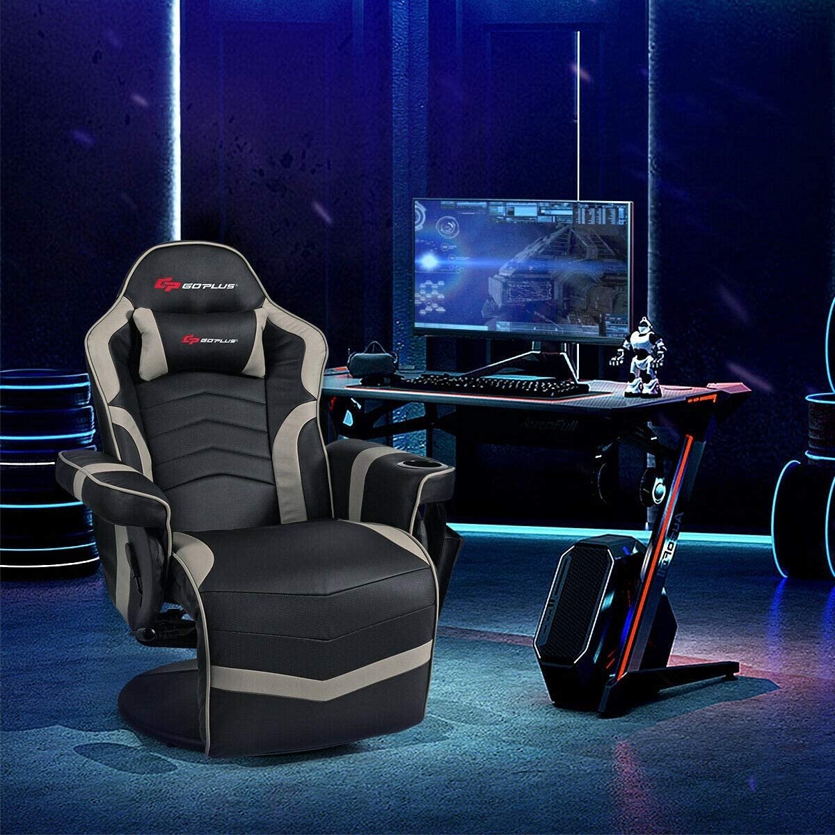 Ergonomic High Back Massage Gaming Chair with Pillow, Gray Gaming Chairs   at Gallery Canada