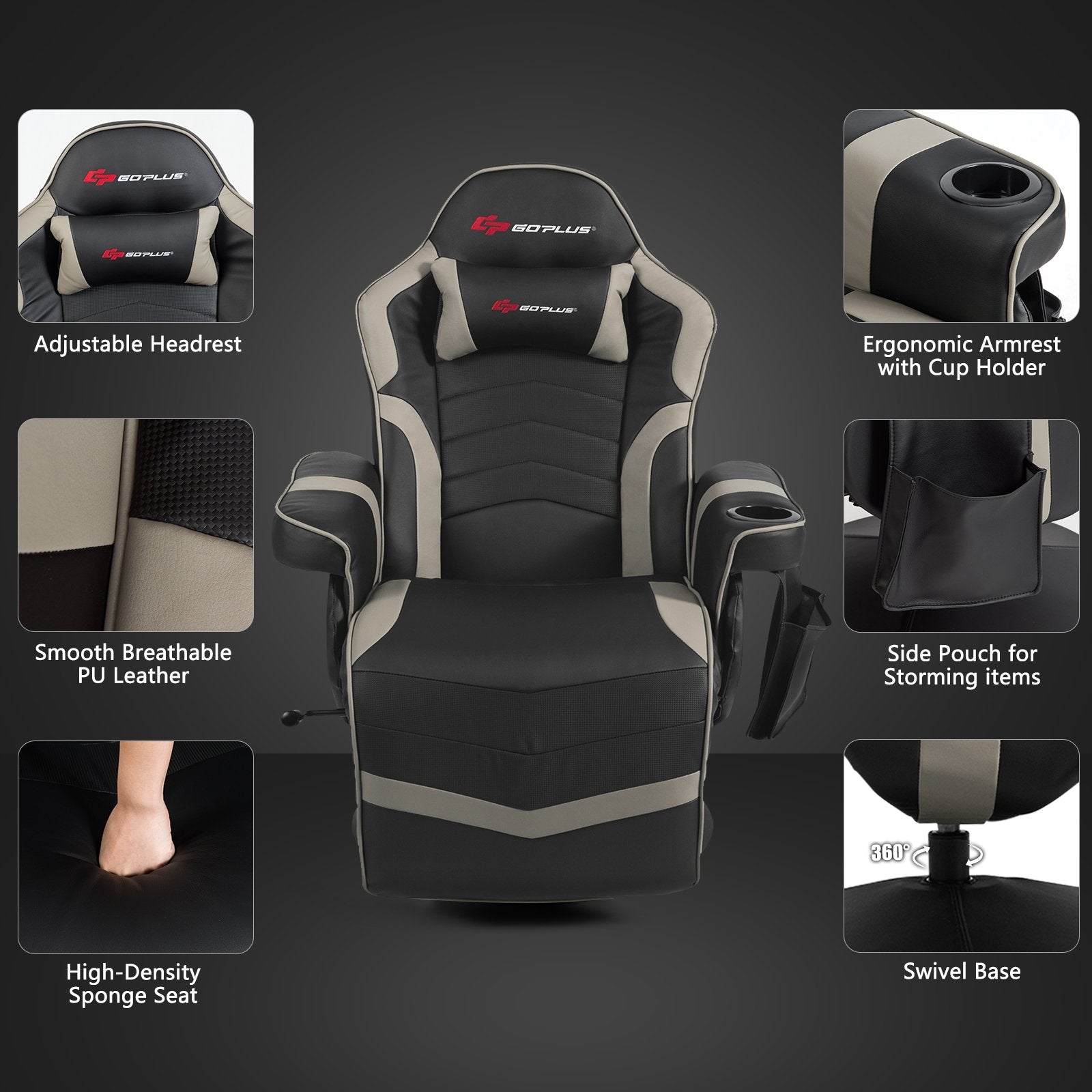 Ergonomic High Back Massage Gaming Chair with Pillow, Gray Gaming Chairs   at Gallery Canada