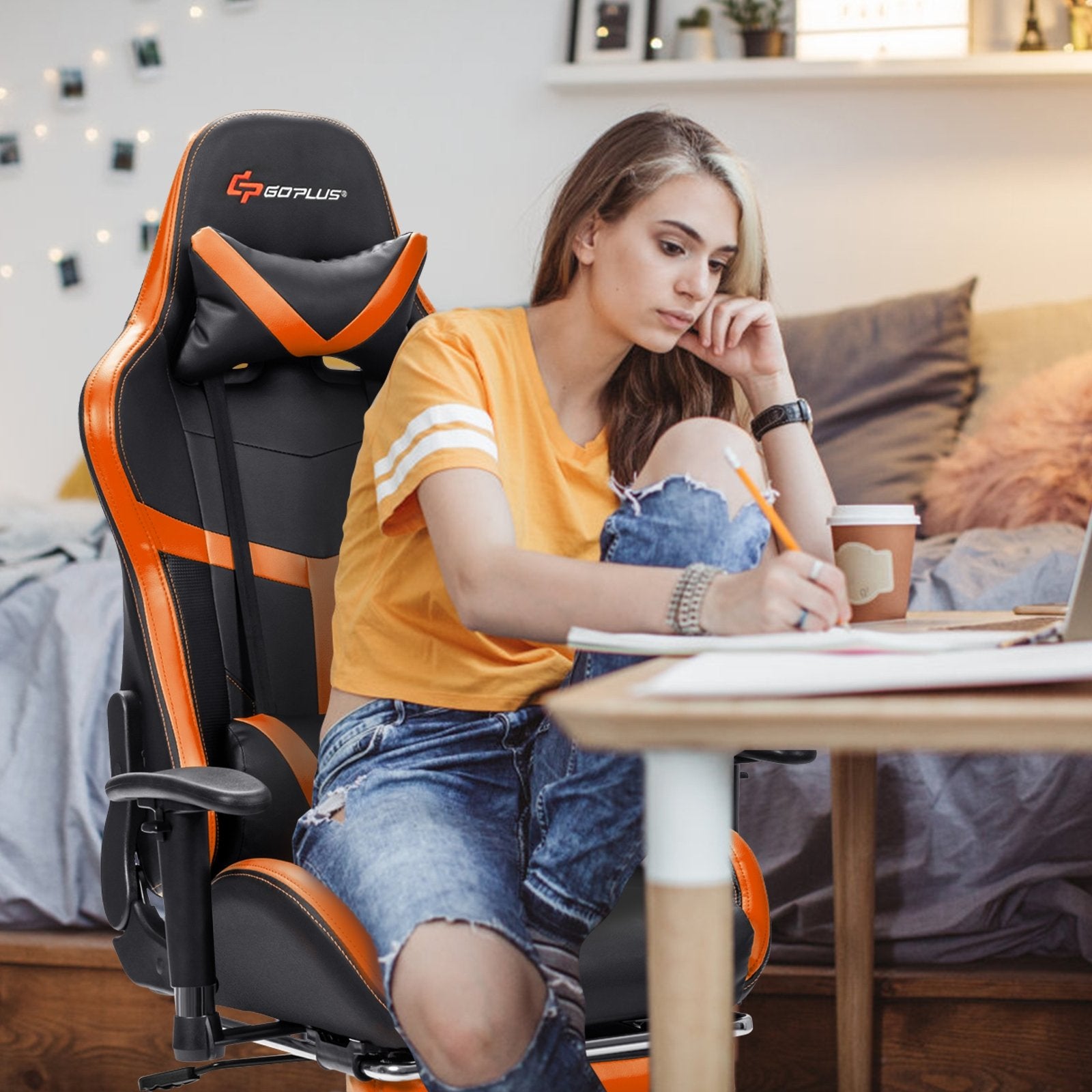 Reclining Racing Chair with Lumbar Support Footrest, Orange Gaming Chairs   at Gallery Canada