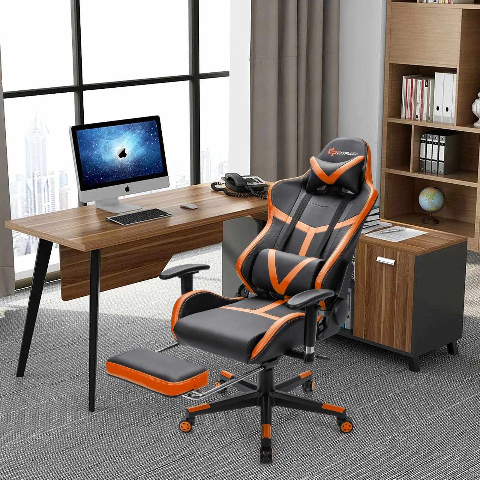 Reclining Racing Chair with Lumbar Support Footrest, Orange Gaming Chairs   at Gallery Canada