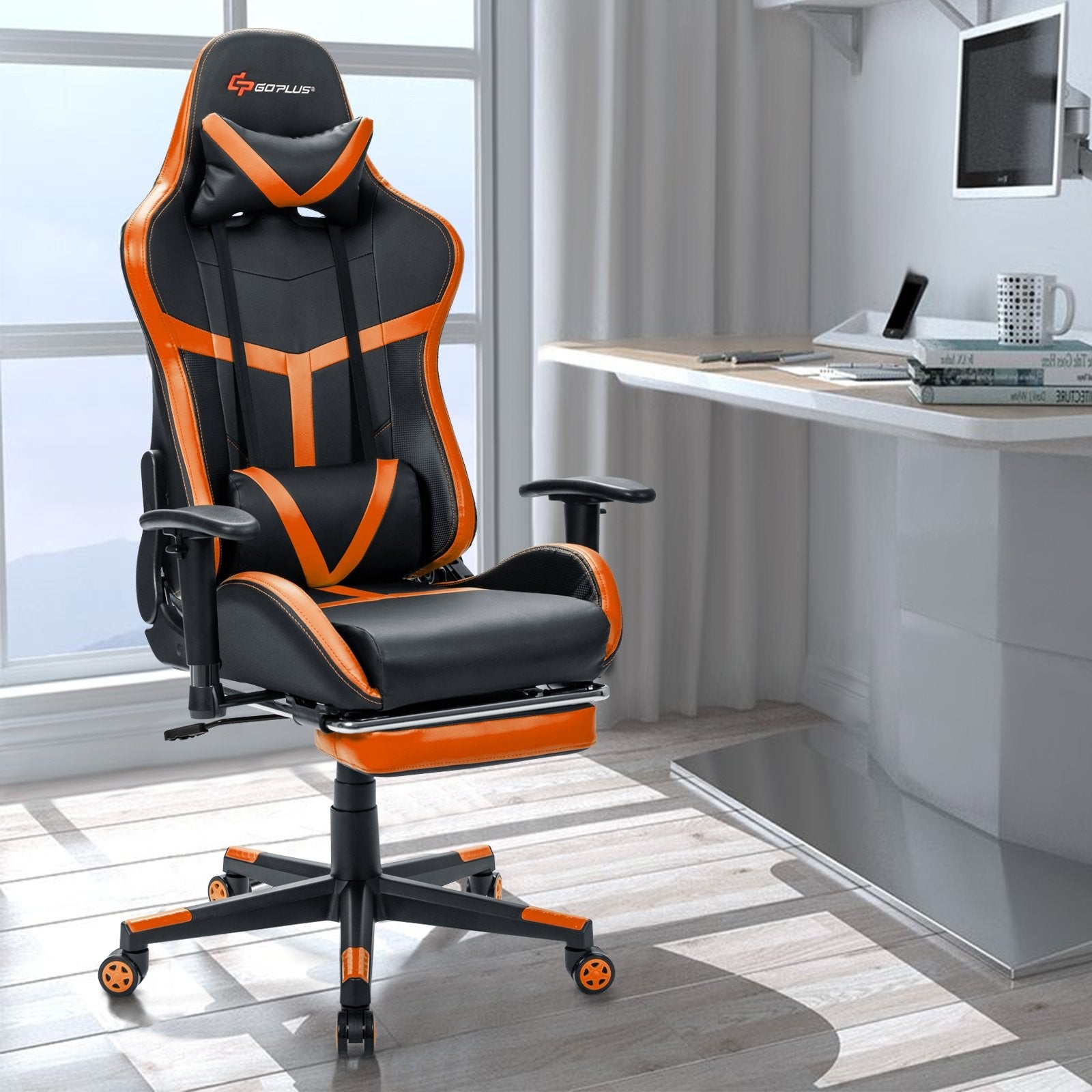 Reclining Racing Chair with Lumbar Support Footrest, Orange Gaming Chairs   at Gallery Canada