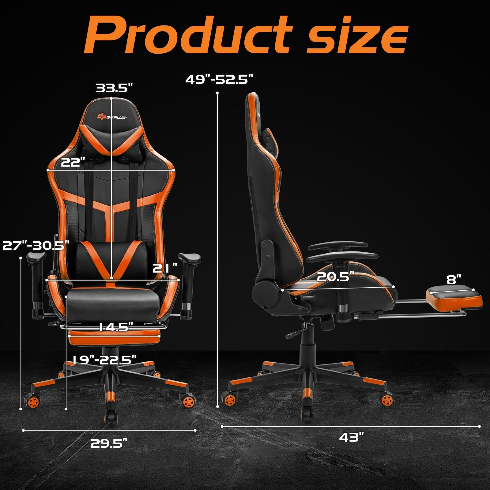 Reclining Racing Chair with Lumbar Support Footrest, Orange Gaming Chairs   at Gallery Canada