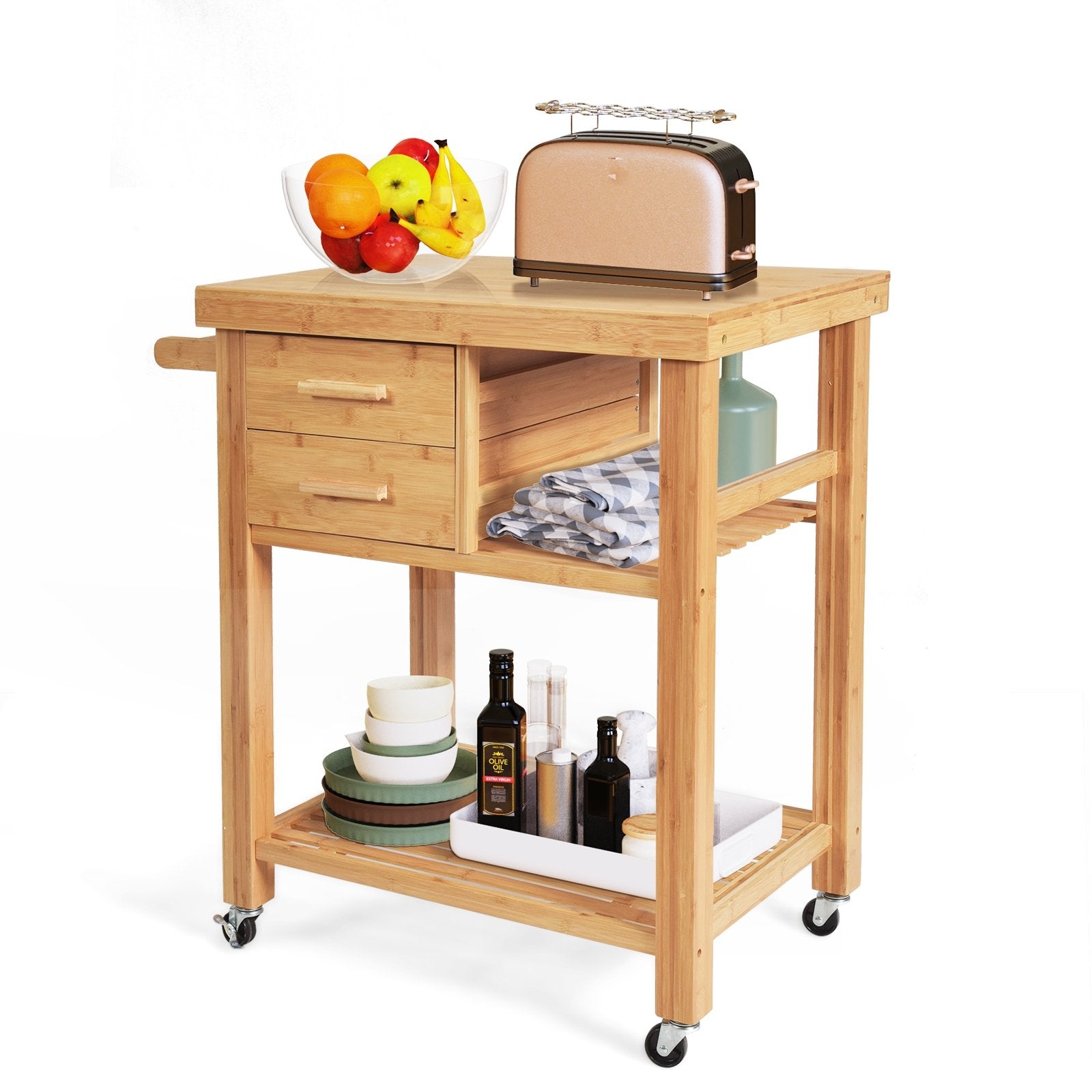 Bamboo Kitchen Trolley Cart with Tower Rack and Drawers, Natural Kitchen Islands & Carts   at Gallery Canada