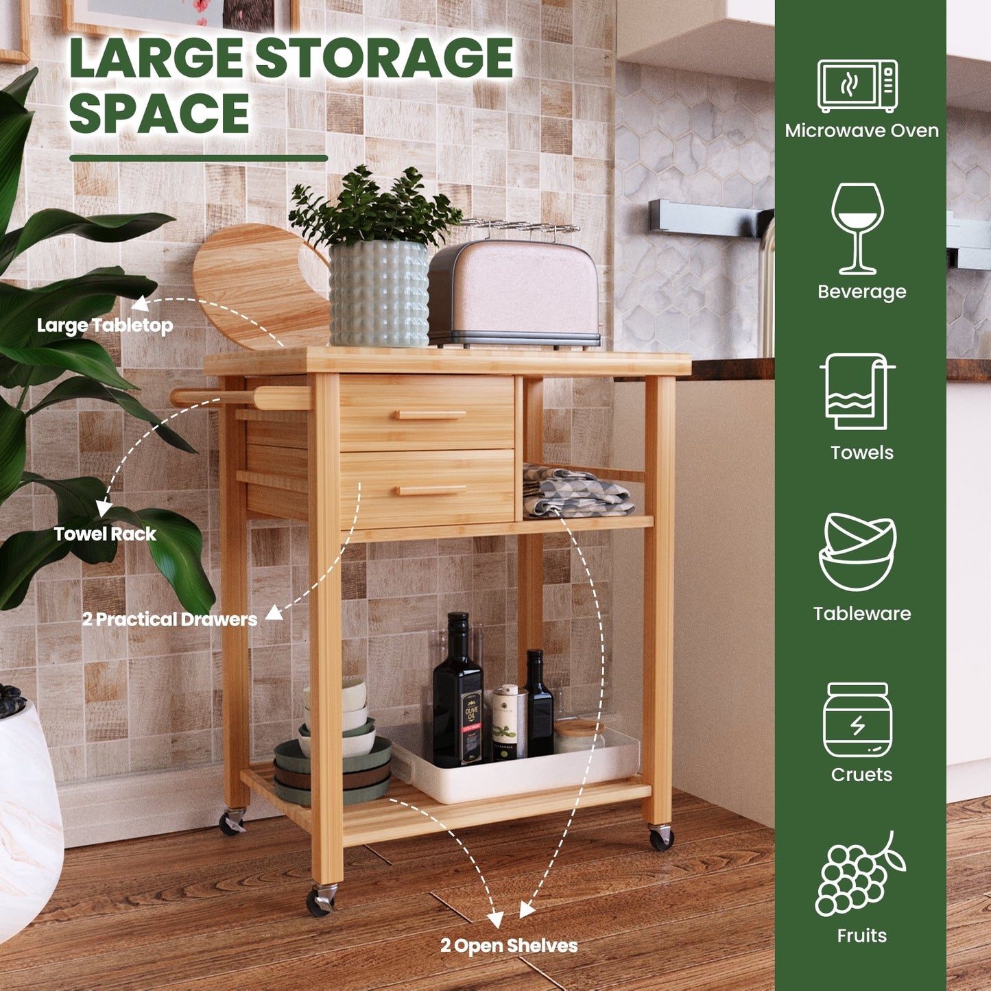 Bamboo Kitchen Trolley Cart with Tower Rack and Drawers, Natural Kitchen Islands & Carts   at Gallery Canada