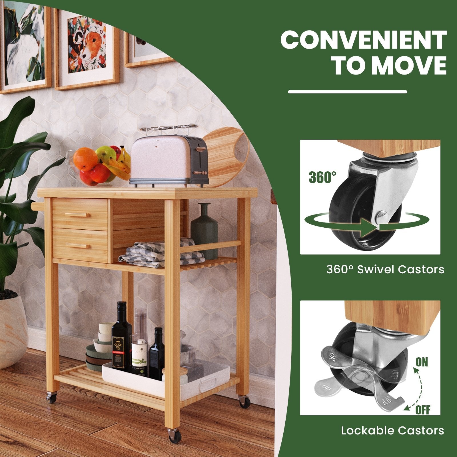 Bamboo Kitchen Trolley Cart with Tower Rack and Drawers, Natural - Gallery Canada