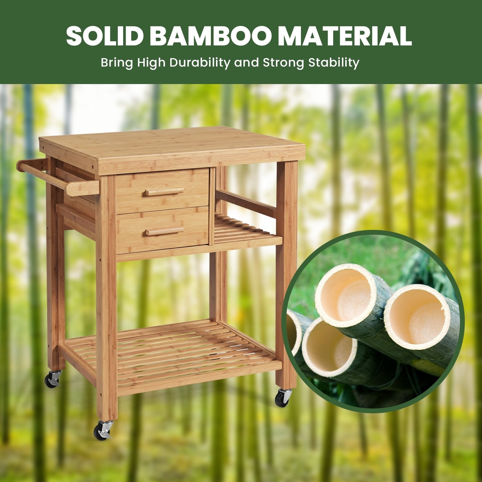 Bamboo Kitchen Trolley Cart with Tower Rack and Drawers, Natural - Gallery Canada
