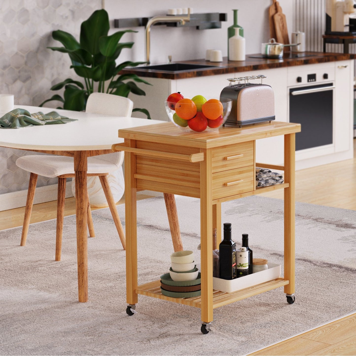 Bamboo Kitchen Trolley Cart with Tower Rack and Drawers, Natural - Gallery Canada