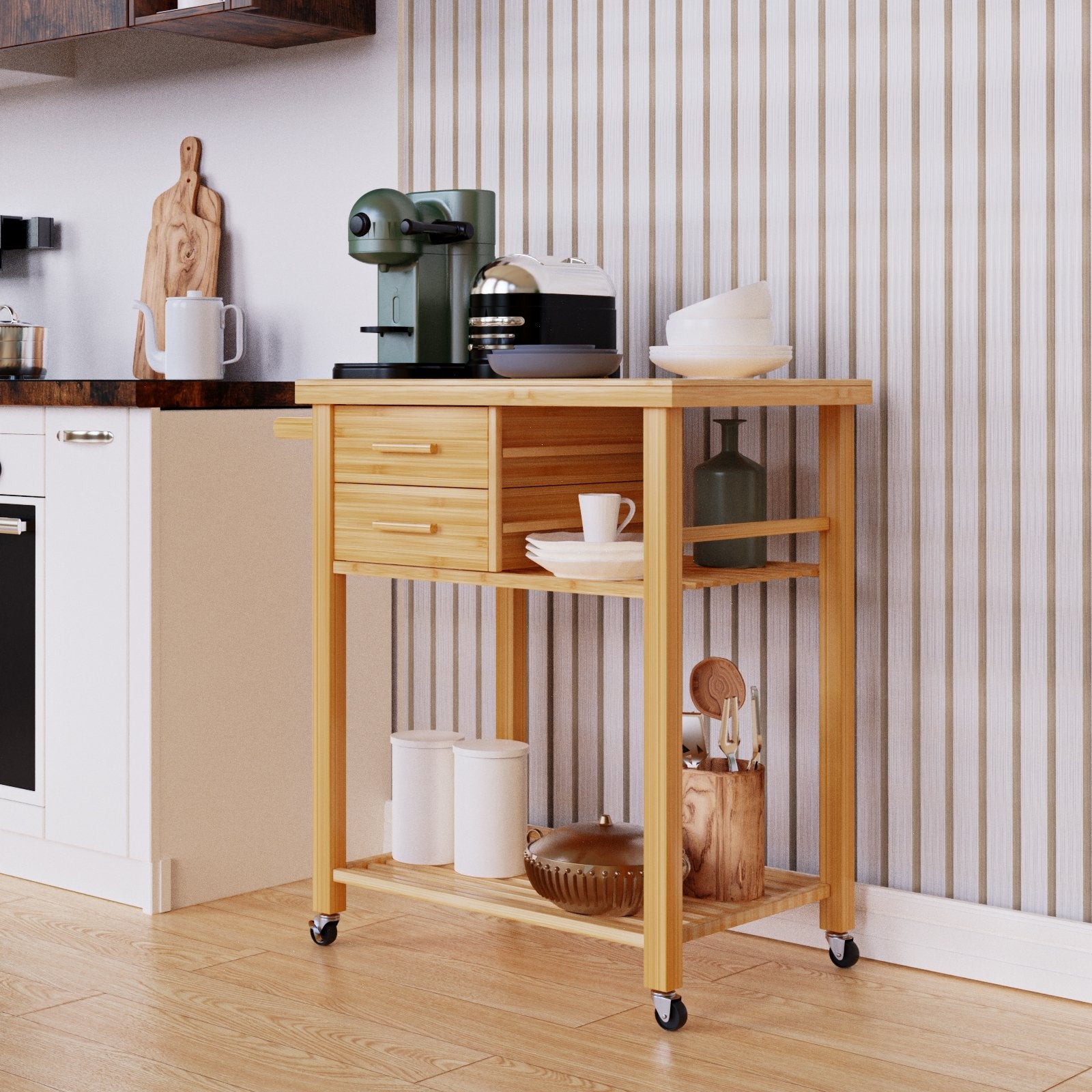 Bamboo Kitchen Trolley Cart with Tower Rack and Drawers, Natural - Gallery Canada