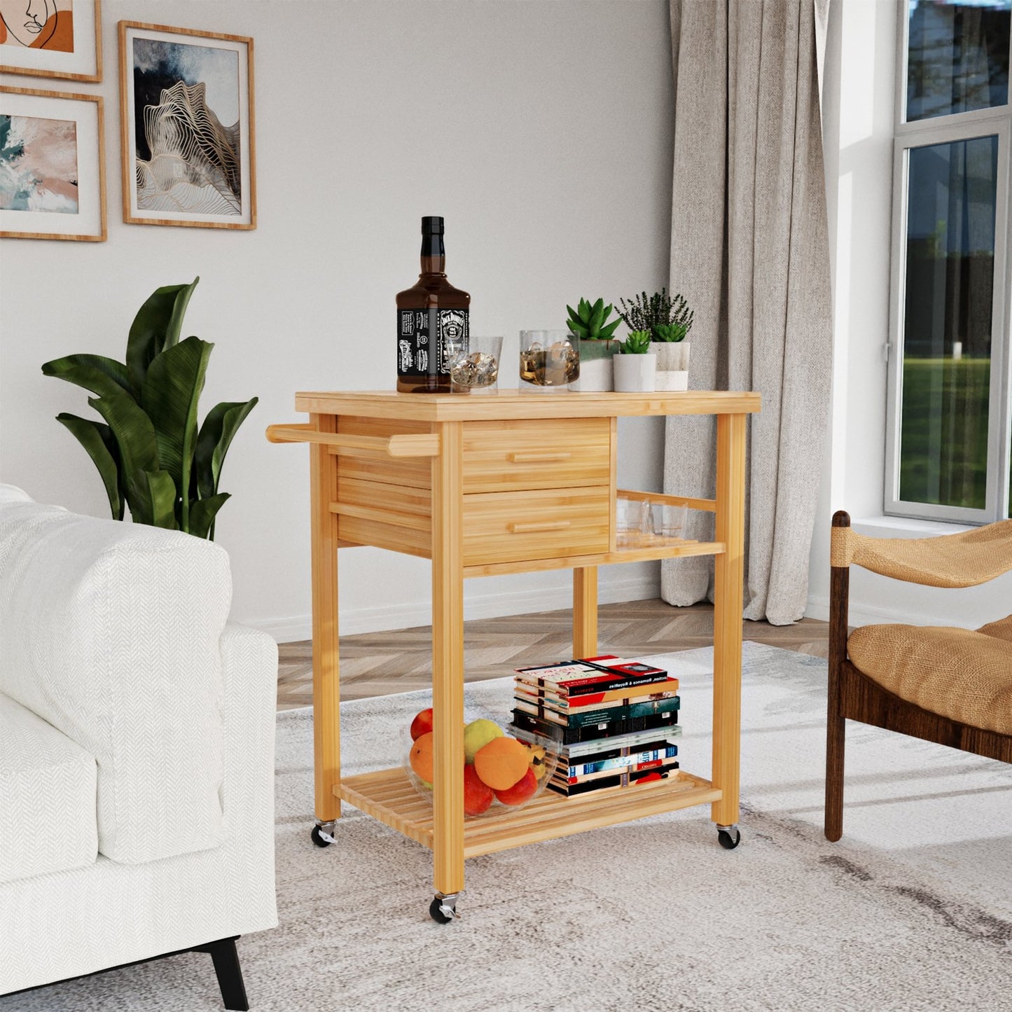 Bamboo Kitchen Trolley Cart with Tower Rack and Drawers, Natural Kitchen Islands & Carts   at Gallery Canada