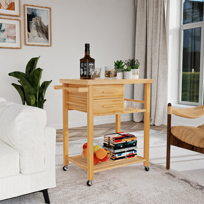 Bamboo Kitchen Trolley Cart with Tower Rack and Drawers, Natural - Gallery Canada