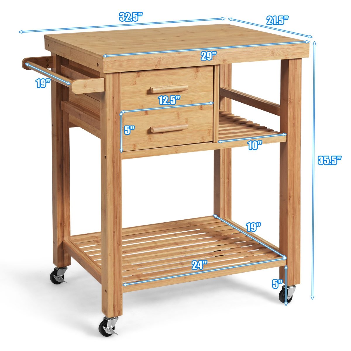 Bamboo Kitchen Trolley Cart with Tower Rack and Drawers, Natural Kitchen Islands & Carts   at Gallery Canada