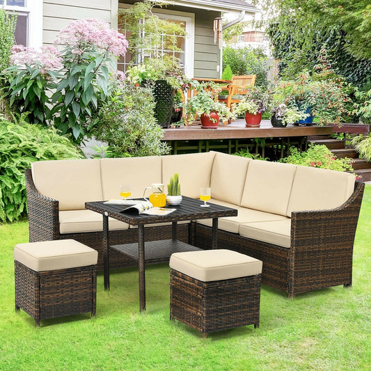 6 Pieces Patio Rattan Dining Sofa Funiture Set, Brown Outdoor Sectionals   at Gallery Canada