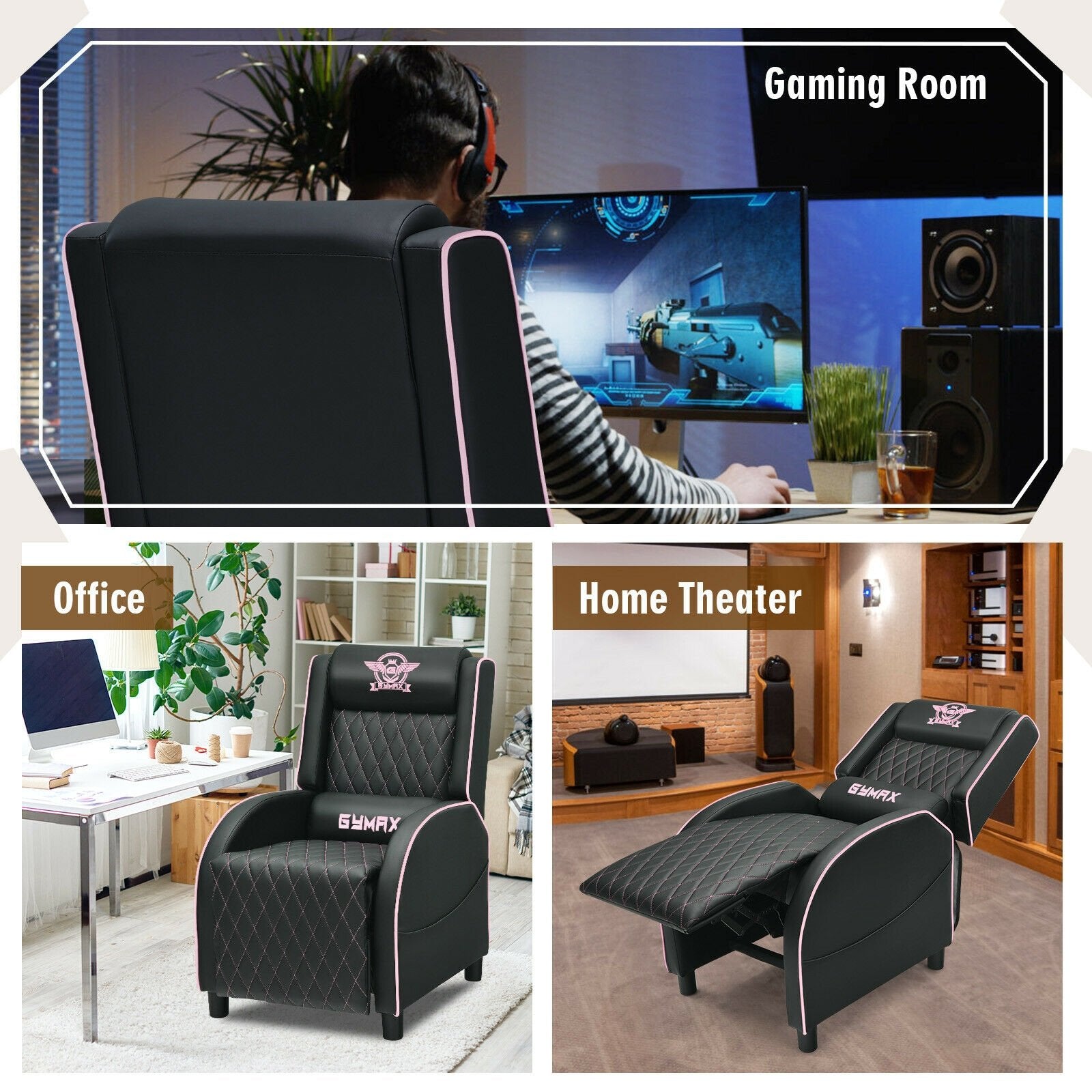 Massage Gaming Recliner Chair with Headrest and Adjustable Backrest for Home Theater, Pink - Gallery Canada