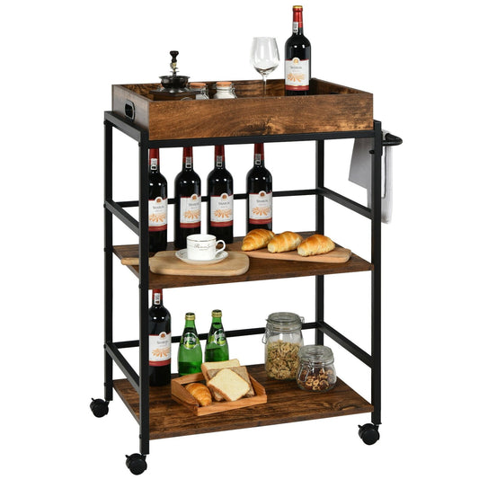 3-Tier Kitchen Serving Bar Cart with Lockable Casters and Handle Rack for Home Pub, Rustic Brown - Gallery Canada