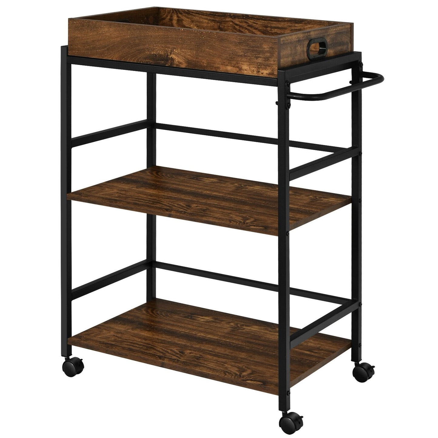 3-Tier Kitchen Serving Bar Cart with Lockable Casters and Handle Rack for Home Pub, Rustic Brown Baker's Racks   at Gallery Canada