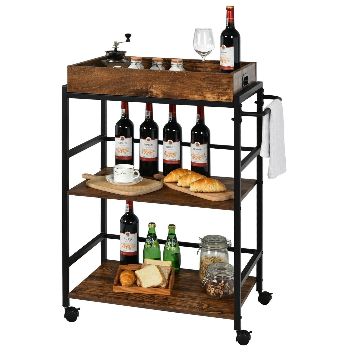 3-Tier Kitchen Serving Bar Cart with Lockable Casters and Handle Rack for Home Pub, Rustic Brown Baker's Racks   at Gallery Canada