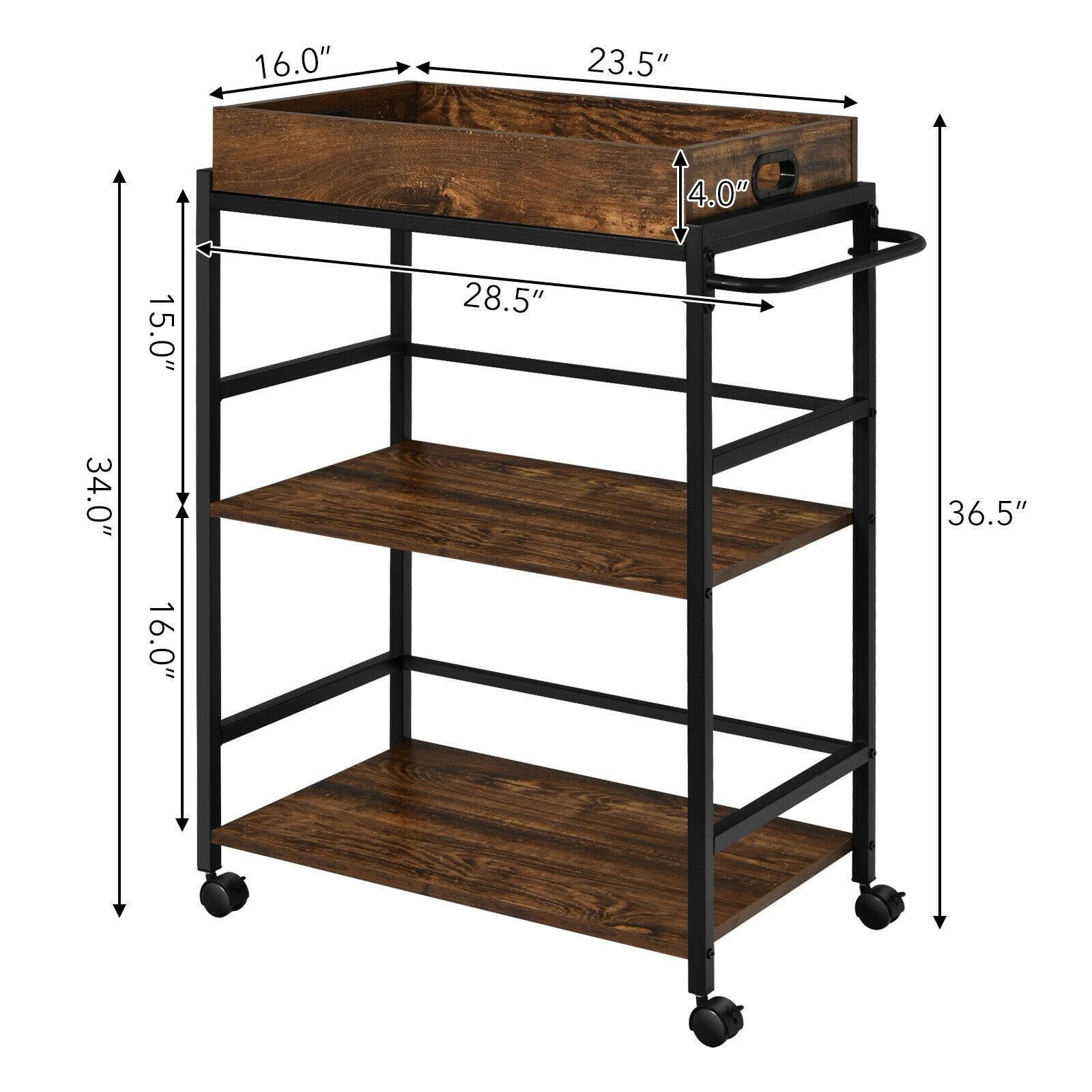 3-Tier Kitchen Serving Bar Cart with Lockable Casters and Handle Rack for Home Pub, Rustic Brown Baker's Racks   at Gallery Canada