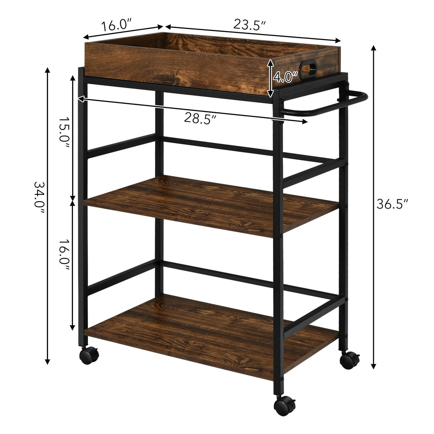 3-Tier Kitchen Serving Bar Cart with Lockable Casters and Handle Rack for Home Pub, Rustic Brown Baker's Racks   at Gallery Canada