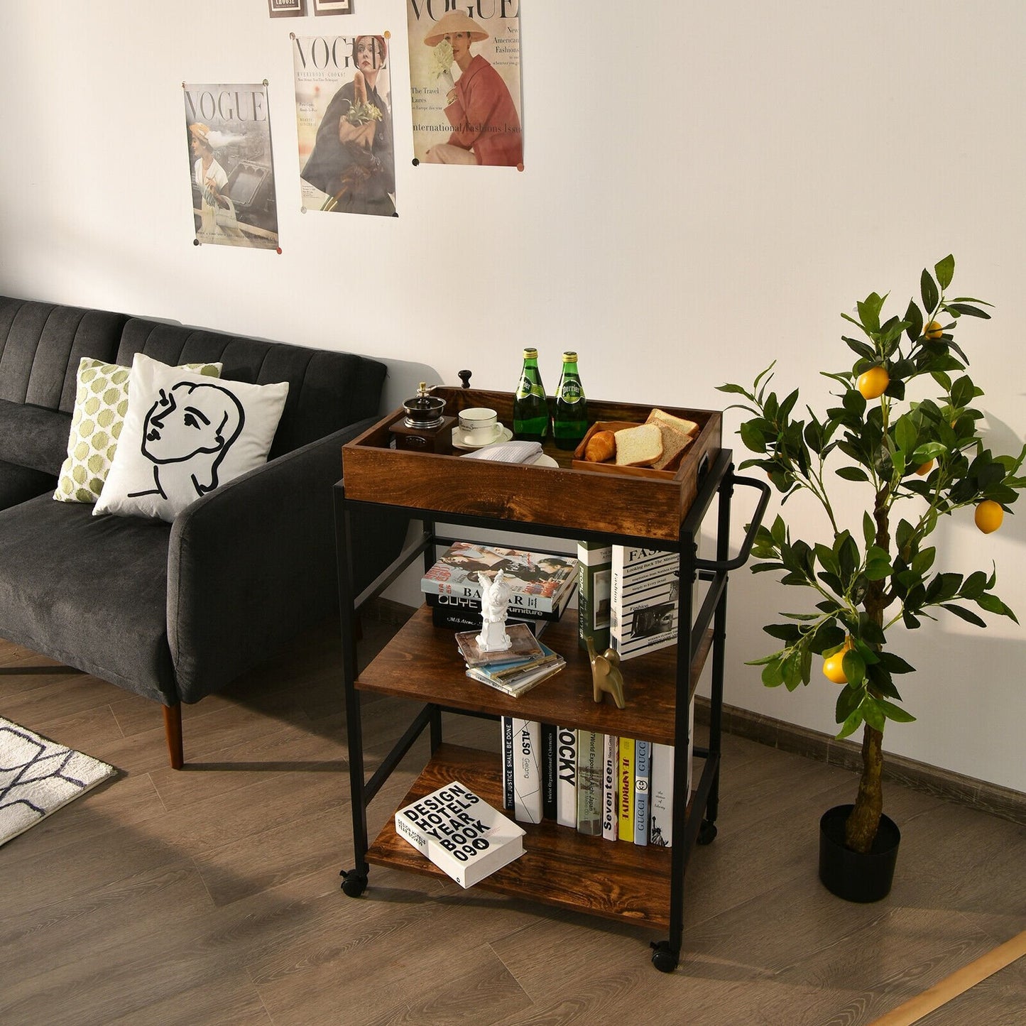 3-Tier Kitchen Serving Bar Cart with Lockable Casters and Handle Rack for Home Pub, Rustic Brown Baker's Racks   at Gallery Canada