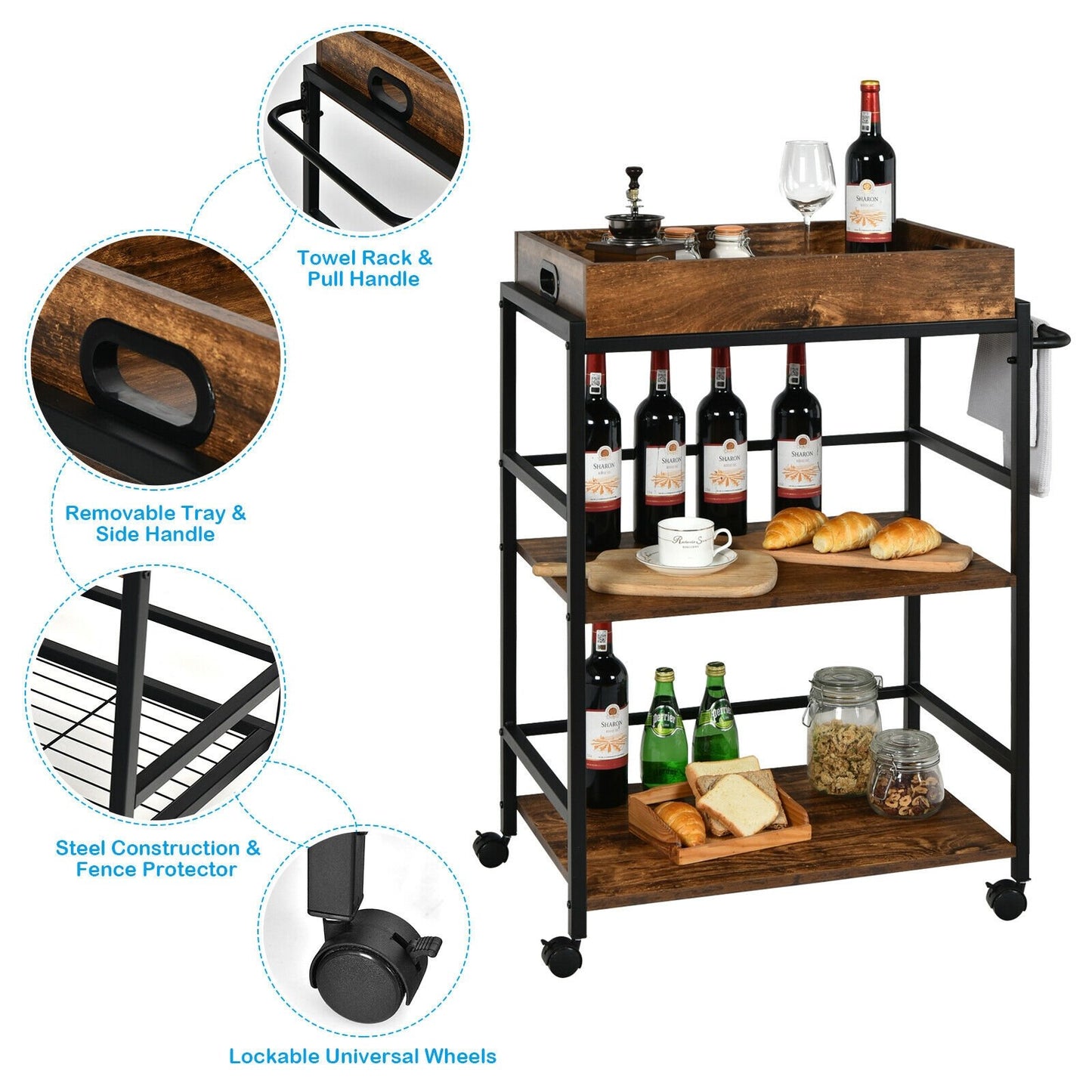 3-Tier Kitchen Serving Bar Cart with Lockable Casters and Handle Rack for Home Pub, Rustic Brown Baker's Racks   at Gallery Canada